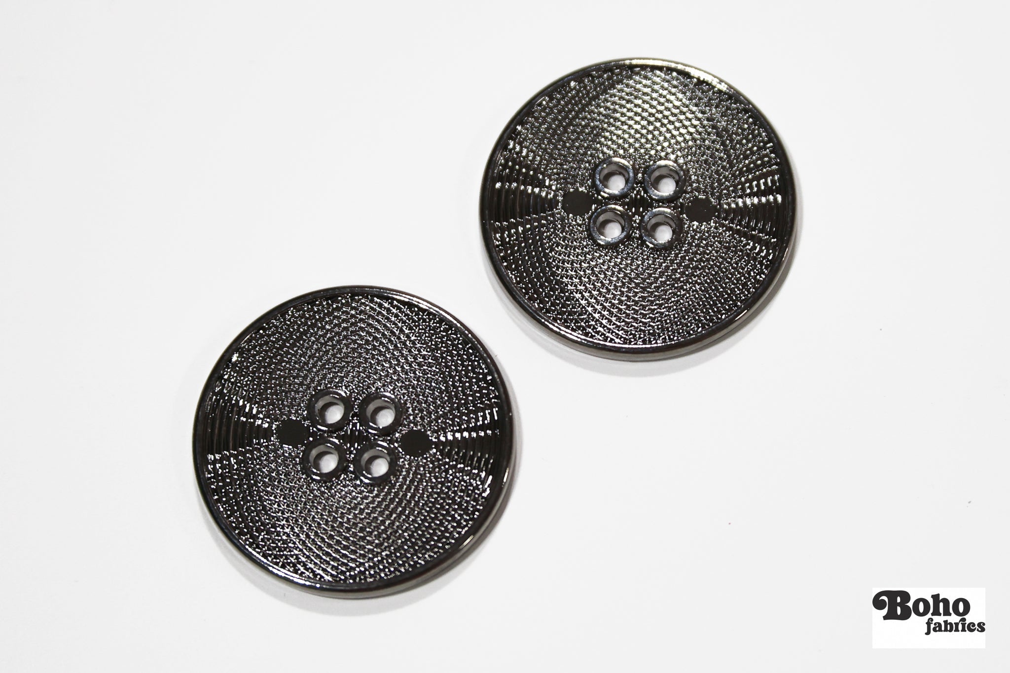 Gunmetal Grid 4-Hole Plastic Button. 32L (20mm 13/16"), 40L (25mm / 1"), 48L (30mm / 1 3/16") - Boho Fabrics - Buttons & Snaps