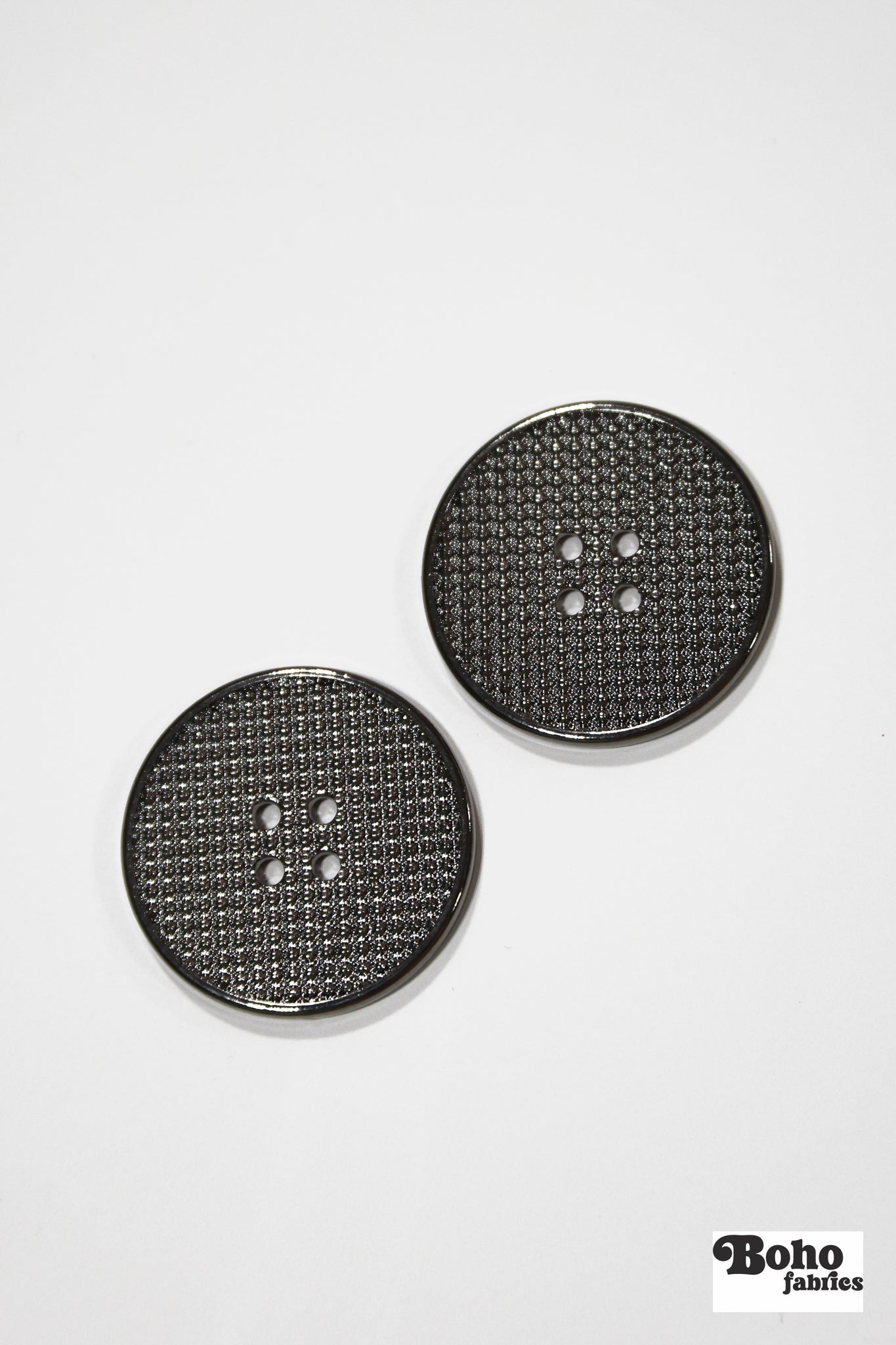 Gunmetal Grid 4-Hole Plastic Button. 32L (20mm 13/16"), 40L (25mm / 1"), 48L (30mm / 1 3/16") - Boho Fabrics - Buttons & Snaps