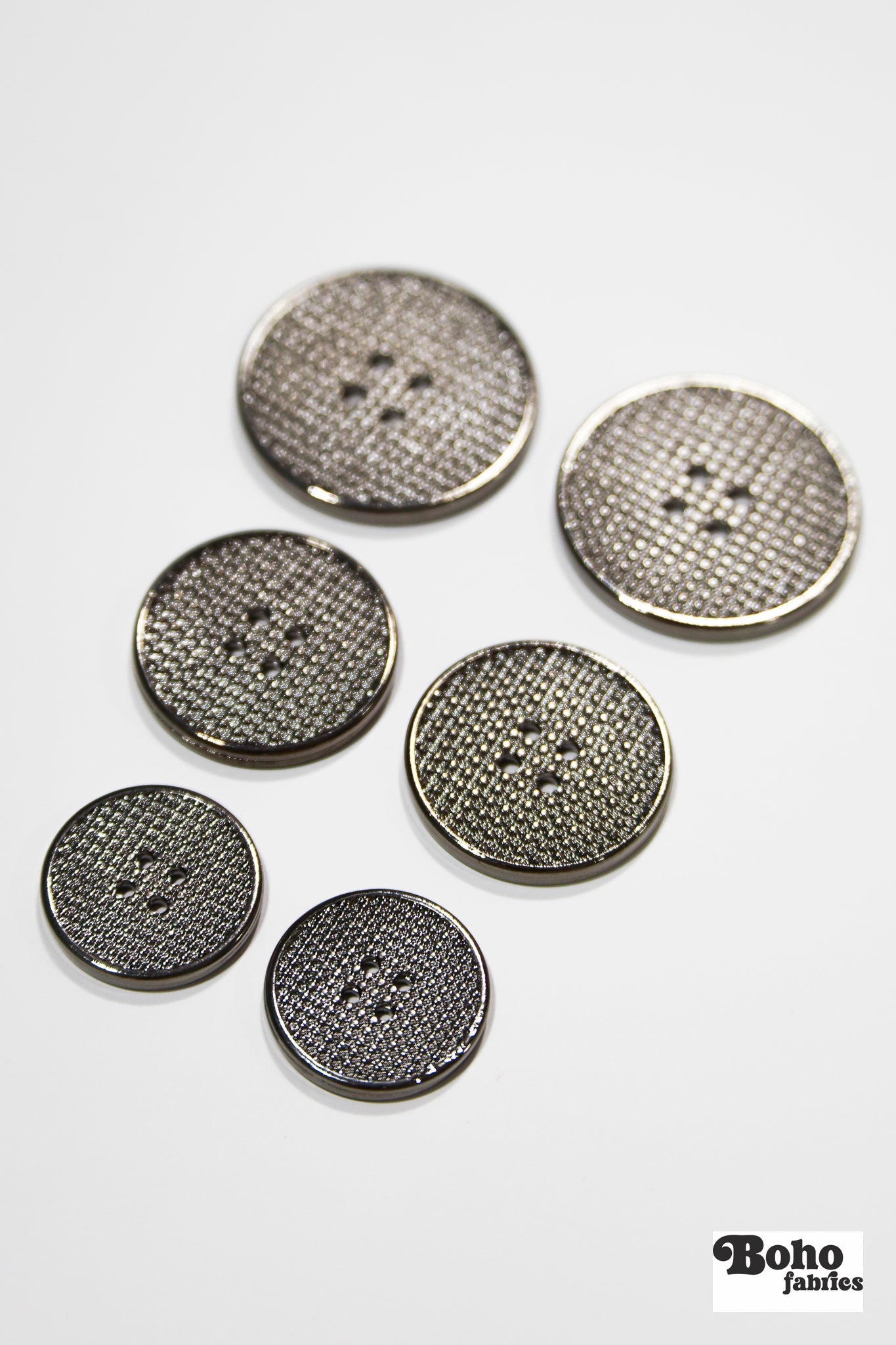 Gunmetal Grid 4-Hole Plastic Button. 32L (20mm 13/16"), 40L (25mm / 1"), 48L (30mm / 1 3/16") - Boho Fabrics - Buttons & Snaps