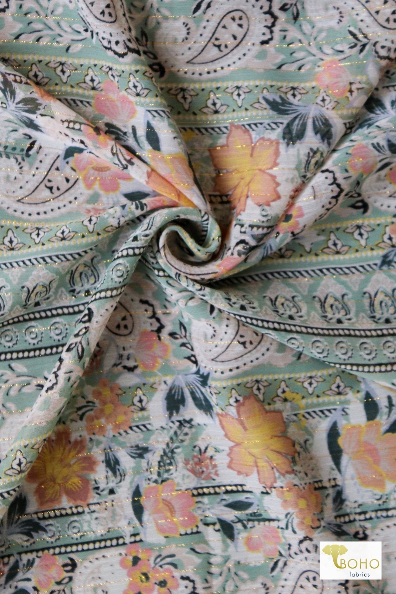 Hemlock & Gold Metallic, Chiffon Woven - Boho Fabrics