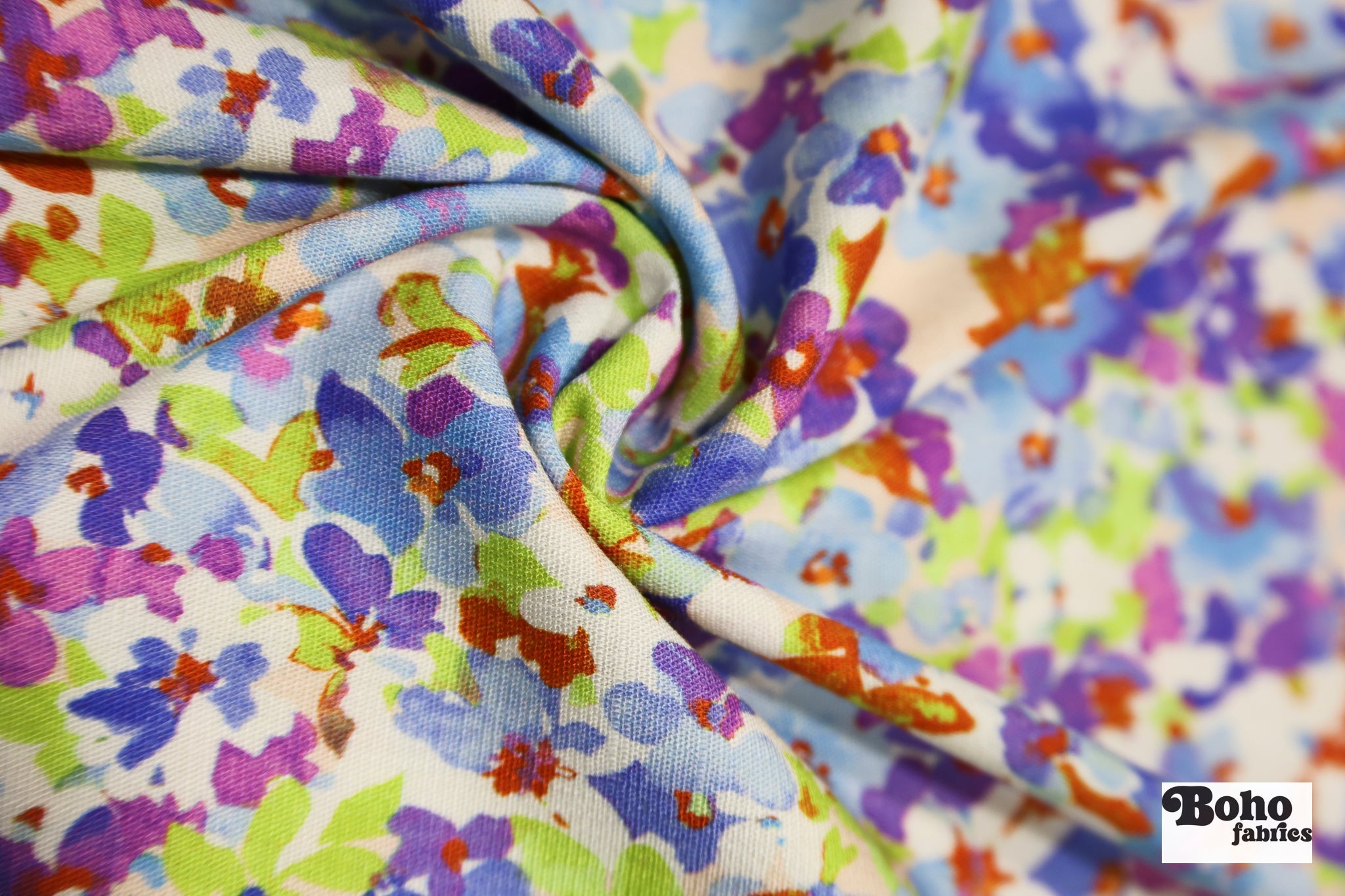 Hillside Posies in Bluebell. Rayon Slub Stretch Woven Fabric - Linen Look - Boho Fabrics - Stretch Woven Fabric