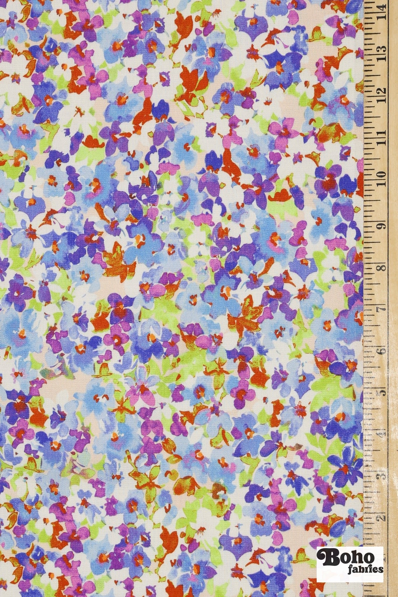 Hillside Posies in Bluebell. Rayon Slub Stretch Woven Fabric - Linen Look - Boho Fabrics - Stretch Woven Fabric