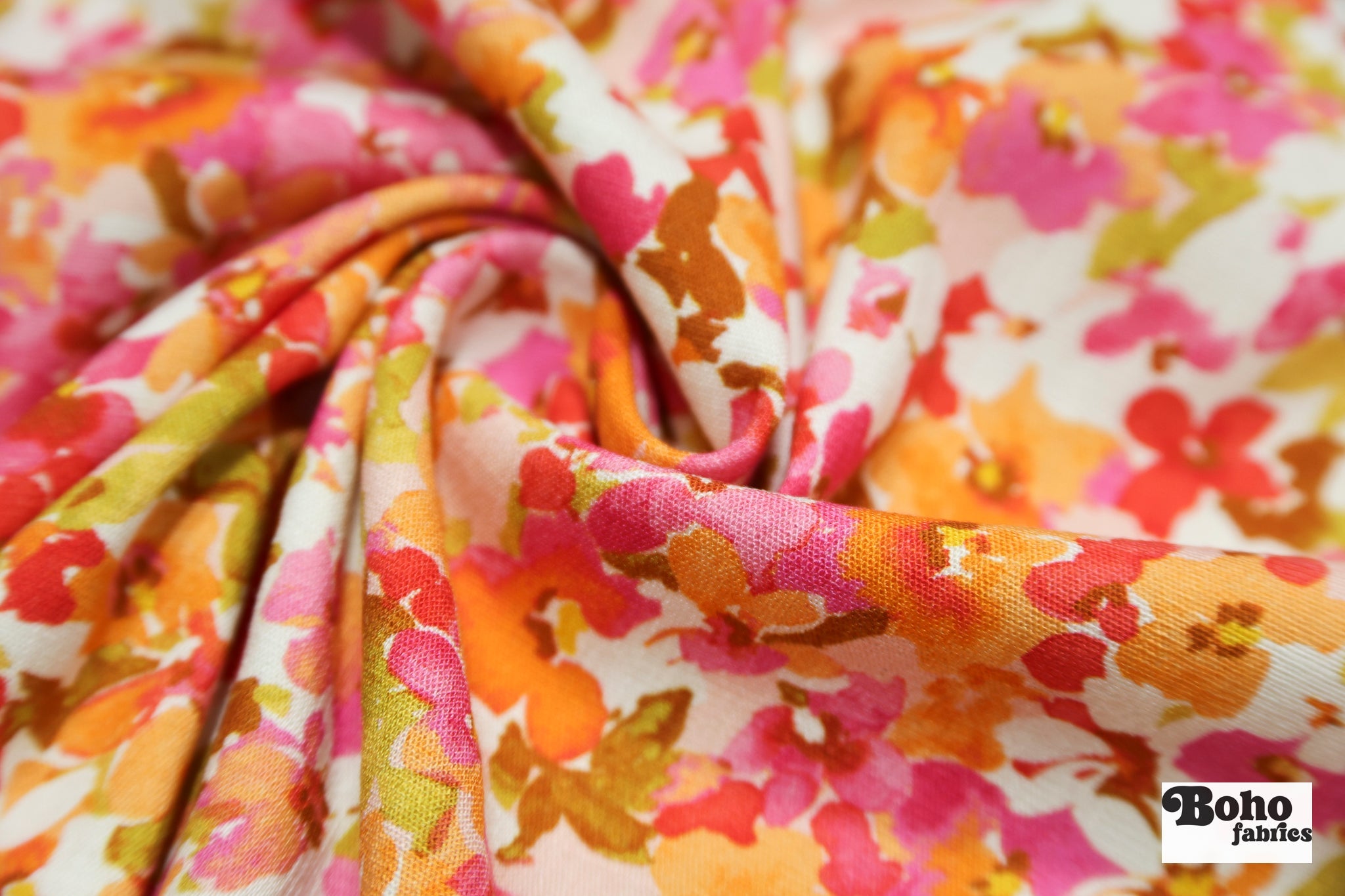 Hillside Posies in Coral. Rayon Slub Stretch Woven Fabric - Linen Look. - Boho Fabrics - Stretch Woven Fabric