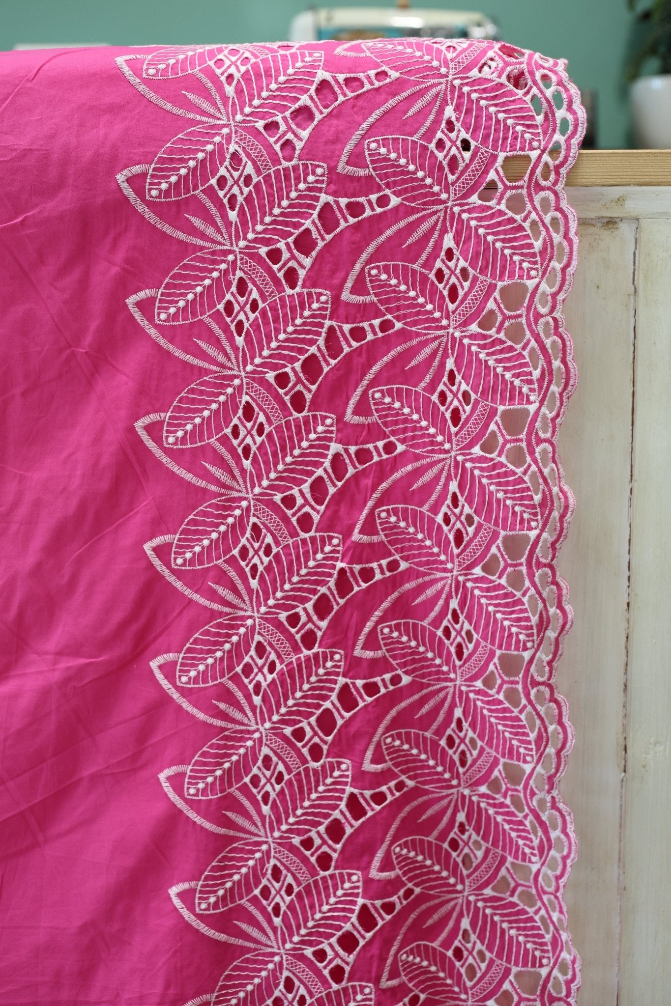 Hot Pink, Retro Tropic Embroidered Florals, Cotton Woven Fabric - Boho Fabrics - Shirting, Woven