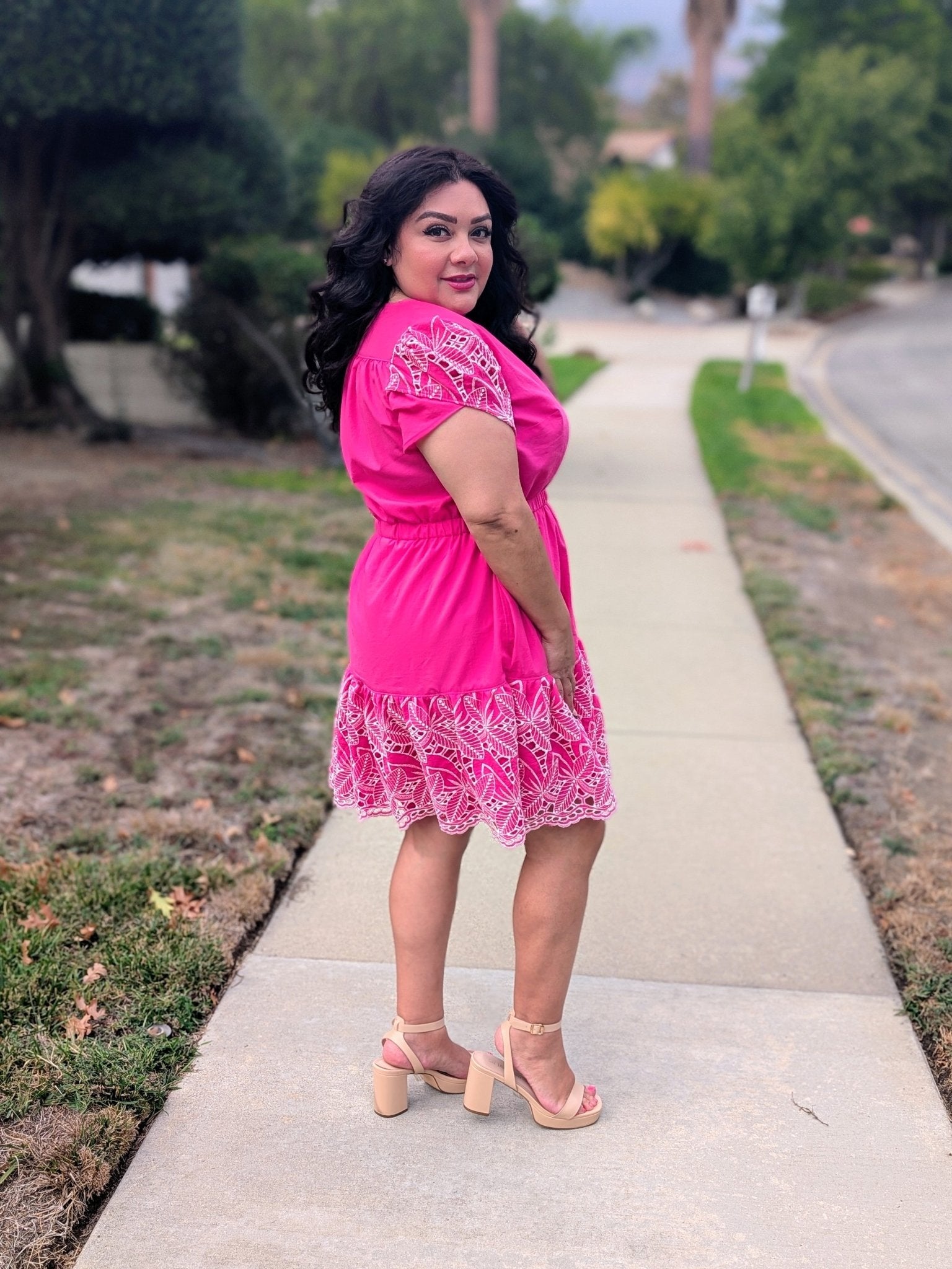 Hot Pink, Retro Tropic Embroidered Florals, Cotton Woven Fabric - Boho Fabrics - Shirting, Woven