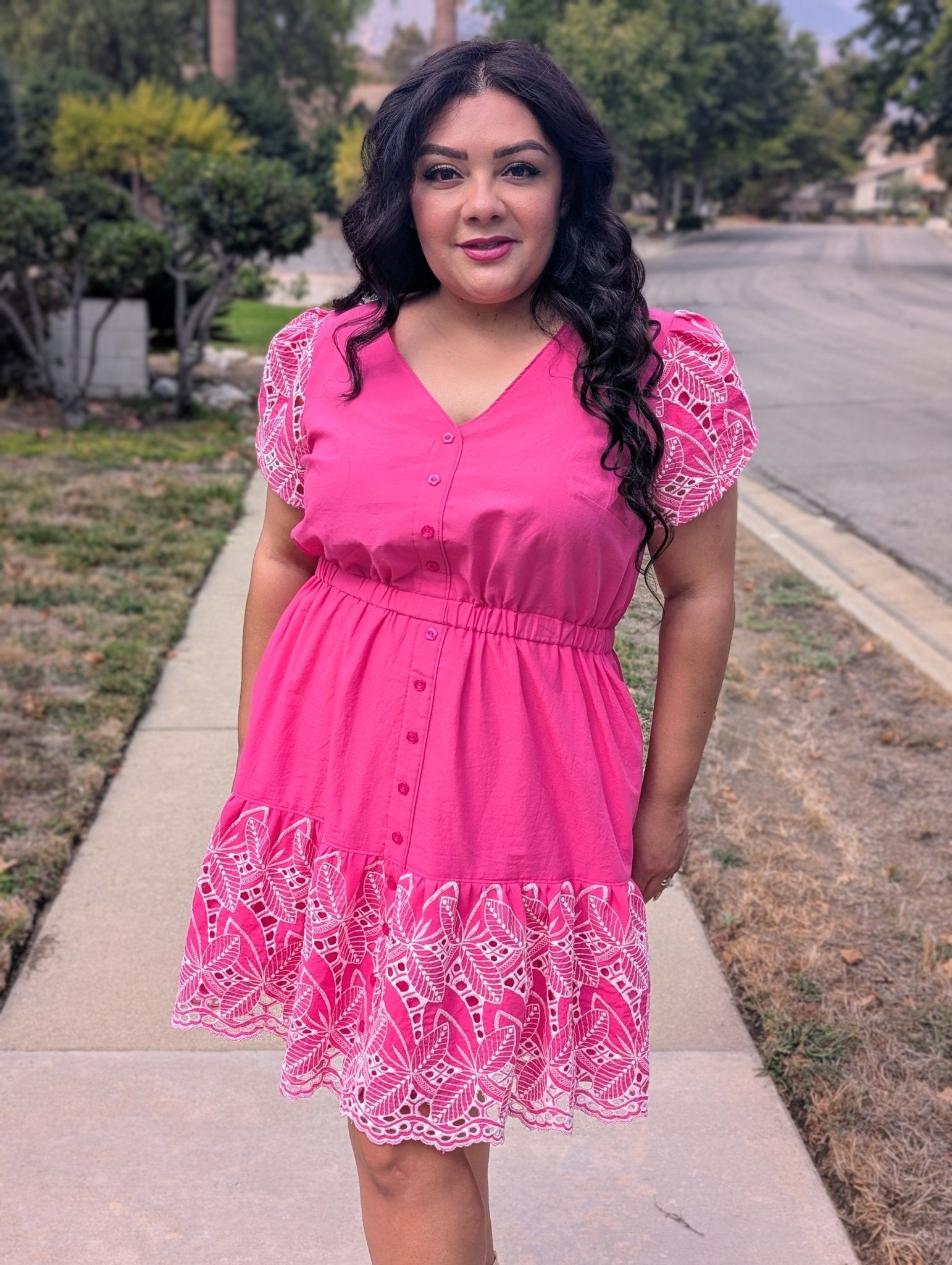 Hot Pink, Retro Tropic Embroidered Florals, Cotton Woven Fabric - Boho Fabrics - Shirting, Woven