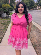 Hot Pink, Retro Tropic Embroidered Florals, Cotton Woven Fabric - Boho Fabrics - Shirting, Woven