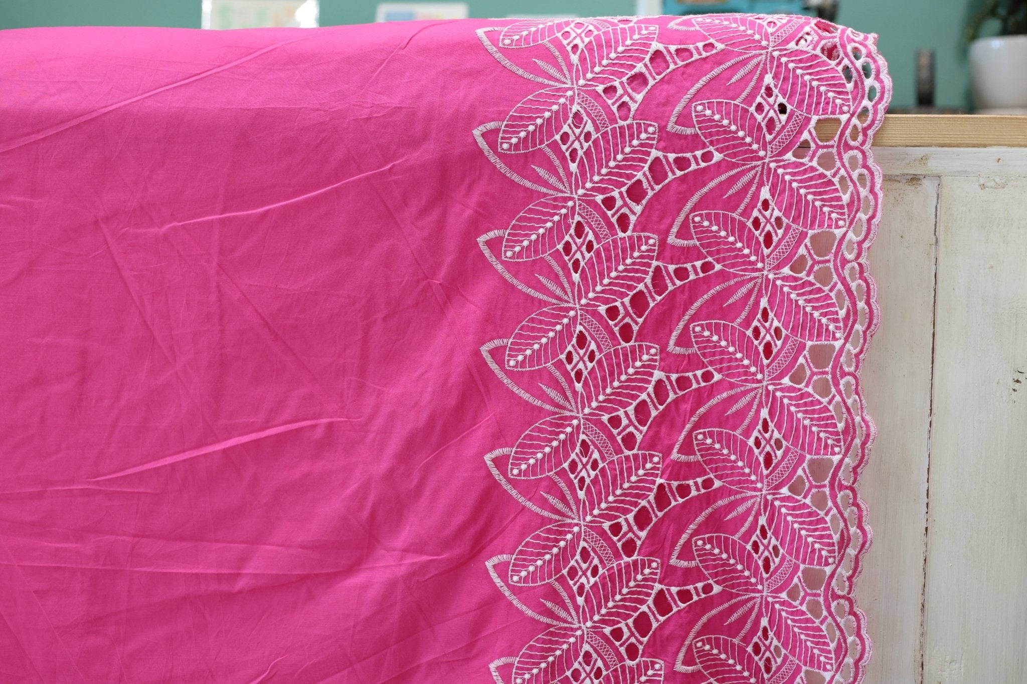 Hot Pink, Retro Tropic Embroidered Florals, Cotton Woven Fabric - Boho Fabrics - Shirting, Woven