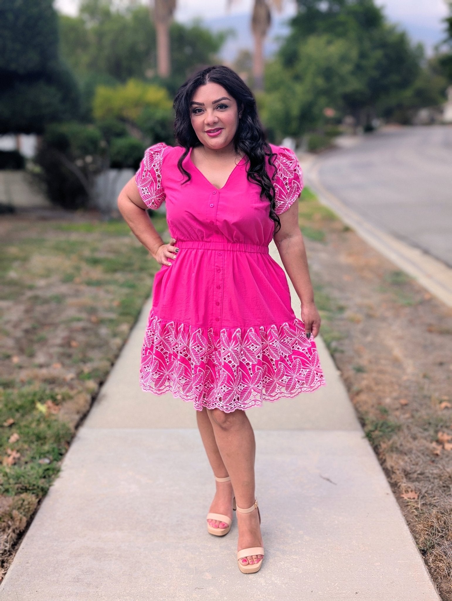 Hot Pink, Retro Tropic Embroidered Florals, Cotton Woven Fabric - Boho Fabrics - Shirting, Woven