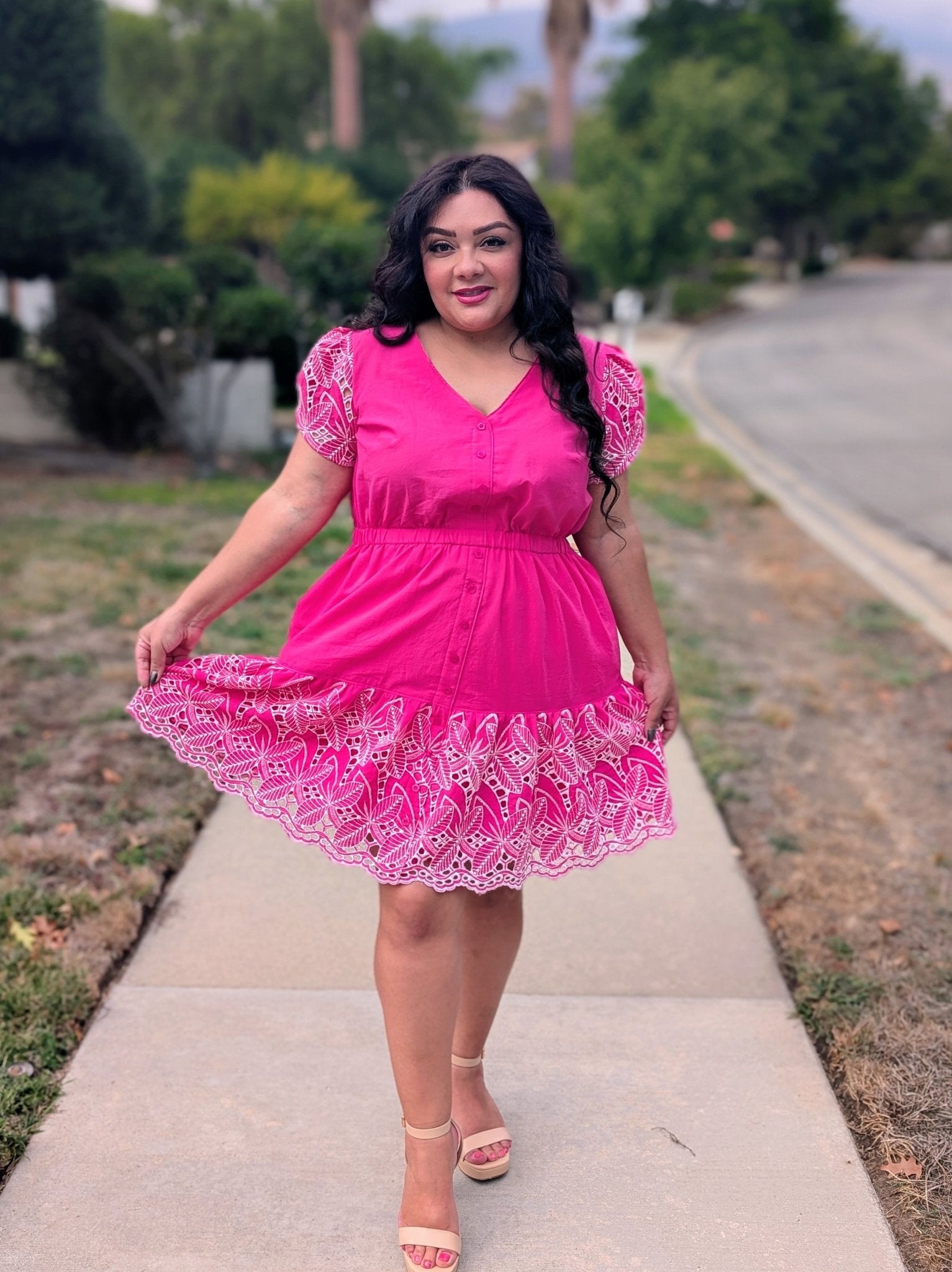 Hot Pink, Retro Tropic Embroidered Florals, Cotton Woven Fabric - Boho Fabrics - Shirting, Woven