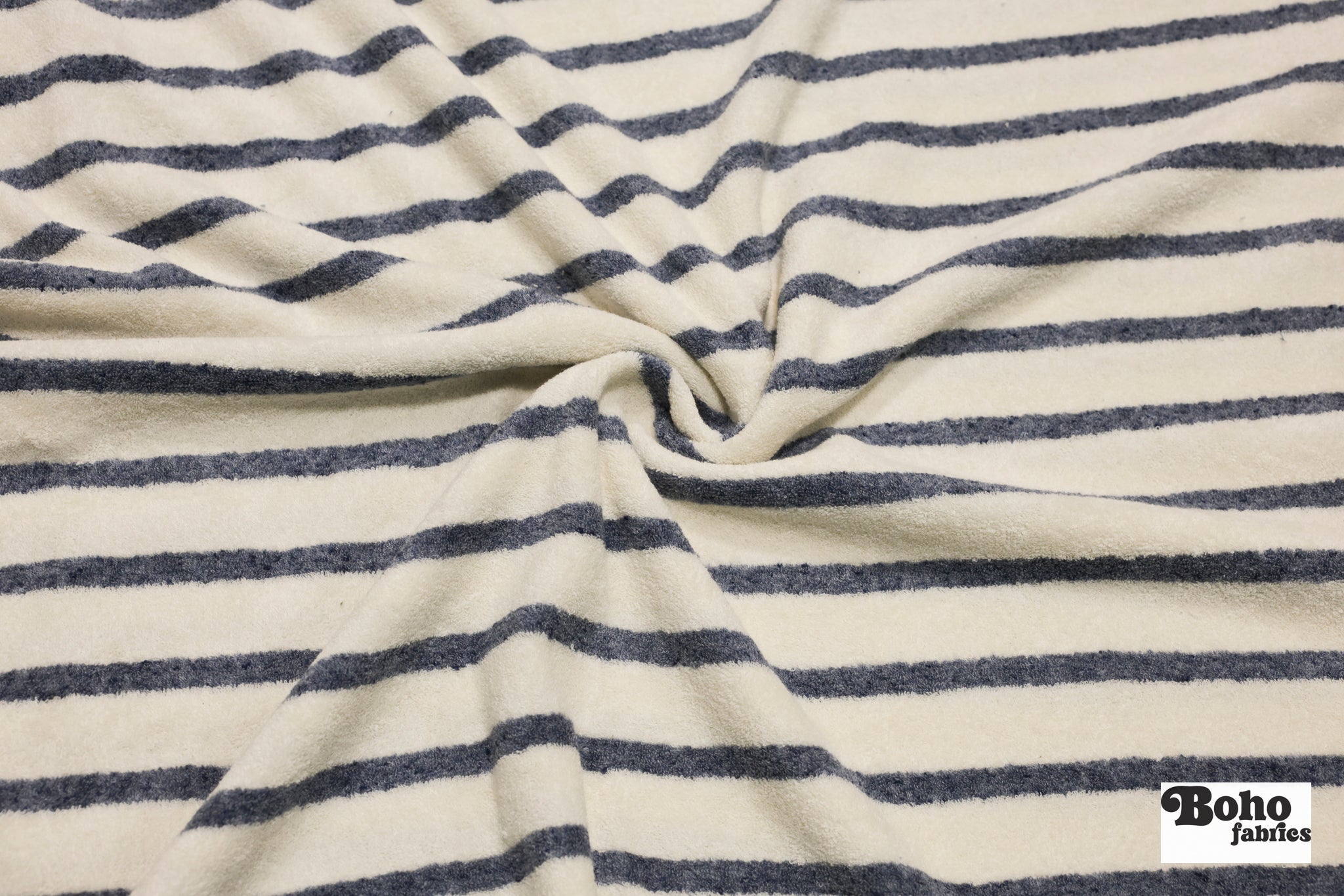 Ivory & Blue Striped Terry Cloth Knit Fabric - Boho Fabrics - French Terry Solid Knit
