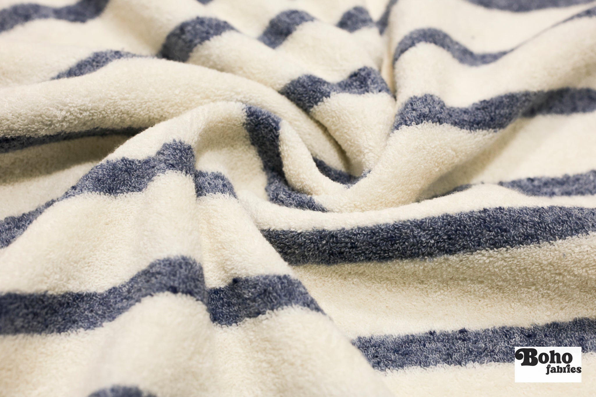 Ivory & Blue Striped Terry Cloth Knit Fabric - Boho Fabrics - French Terry Solid Knit