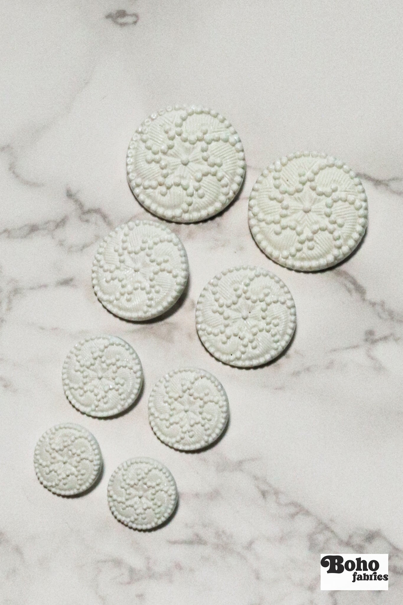 Ivory Victorian Revival Pinwheel Swirl Shank Buttons. Available in 15mm (24L), 18mm (28L), 20mm (32L), and 28mm (44L) - Boho Fabrics - Buttons & Snaps