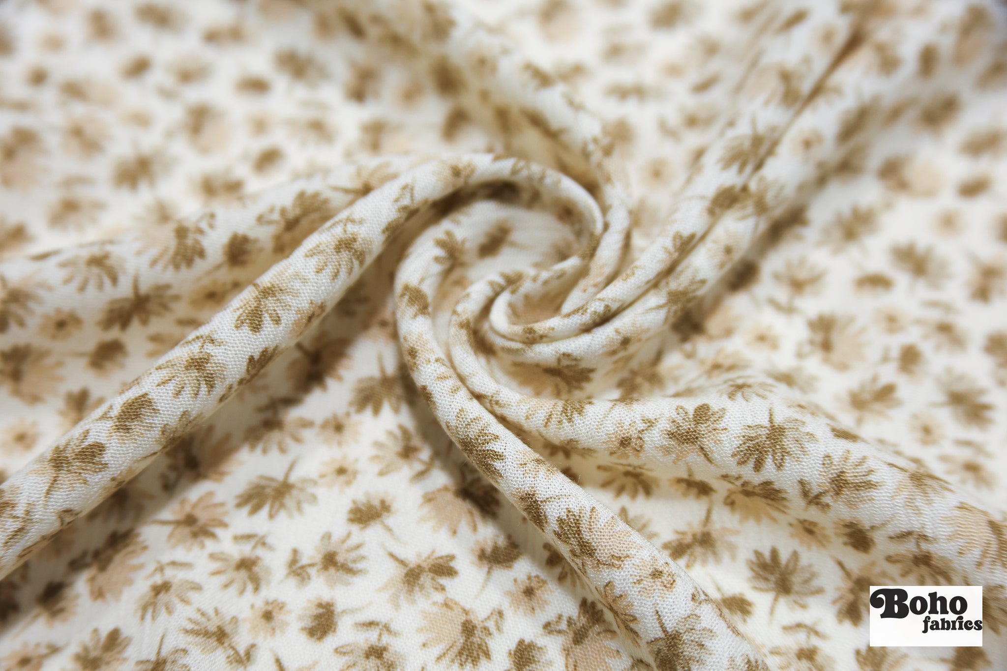 Ivory with Ditsy Tan & Olive Flowers Rayon Crepe Woven Fabric - Boho Fabrics - Crepe, Woven