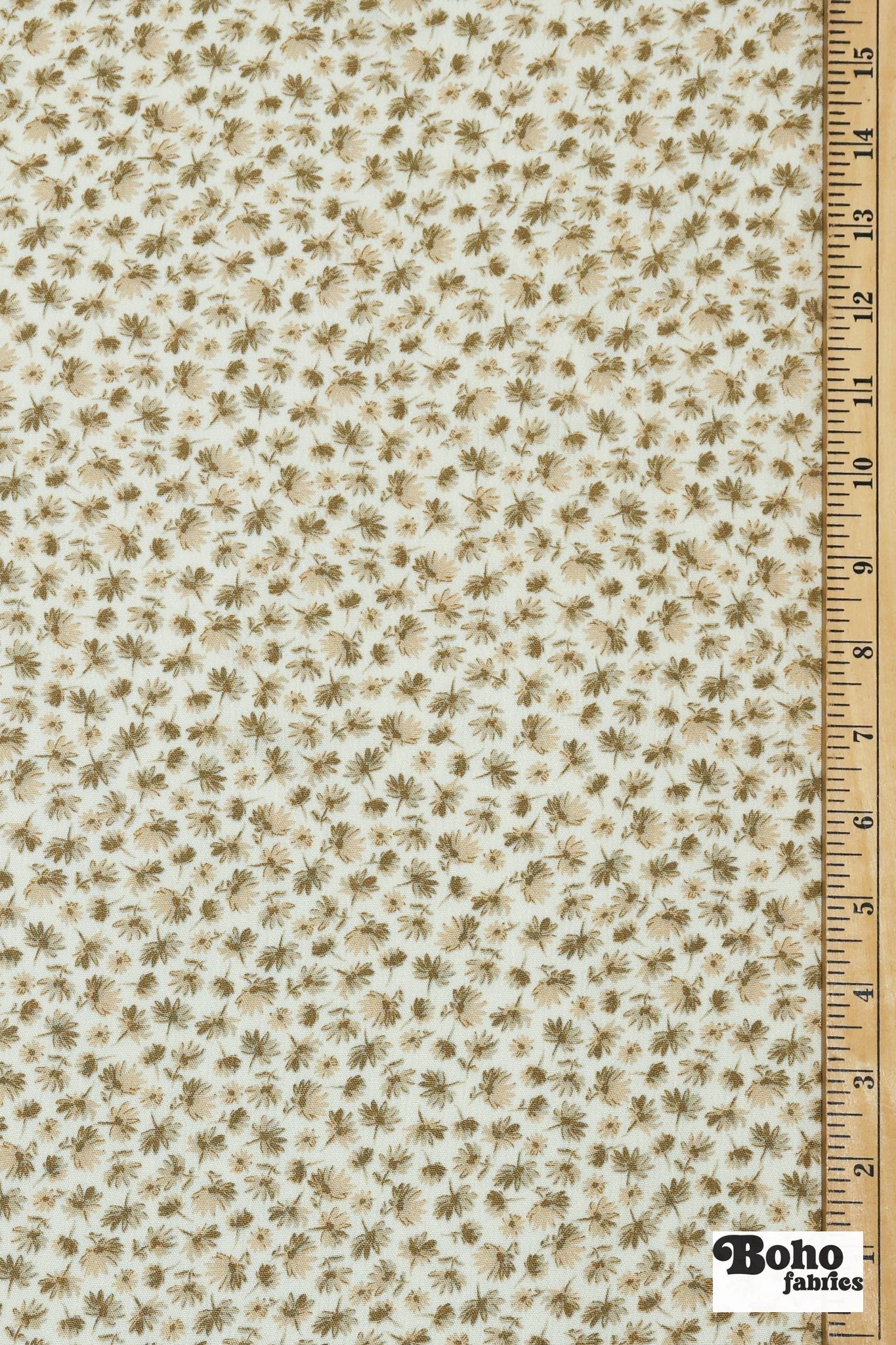 Ivory with Ditsy Tan & Olive Flowers Rayon Crepe Woven Fabric - Boho Fabrics - Crepe, Woven