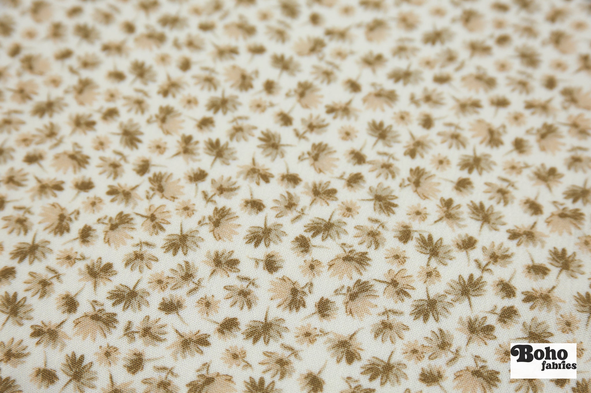 Ivory with Ditsy Tan & Olive Flowers Rayon Crepe Woven Fabric - Boho Fabrics - Crepe, Woven