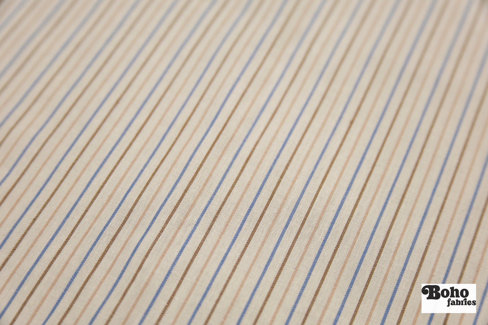 Ivory with Tan, Brown, & Blue Stripes Woven Fabric - Boho Fabrics - Woven Fabric
