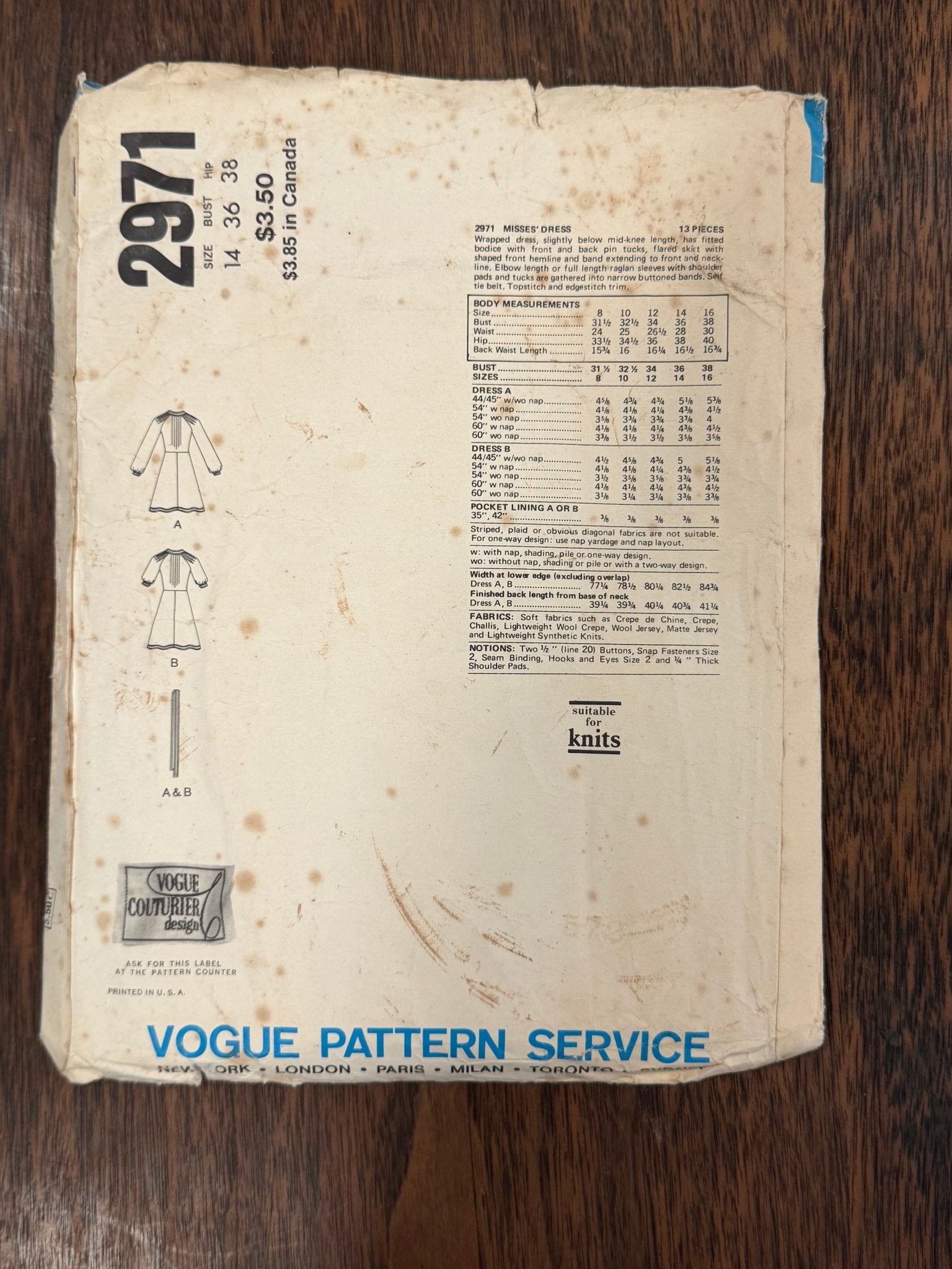 Jean Muir | Vogue Couturier Design Sewing Pattern #2971 — Pin-Tucked Wrap Dress with Raglan Sleeves, Size 14, Vintage 1973 - Boho Fabrics - Sewing Patterns
