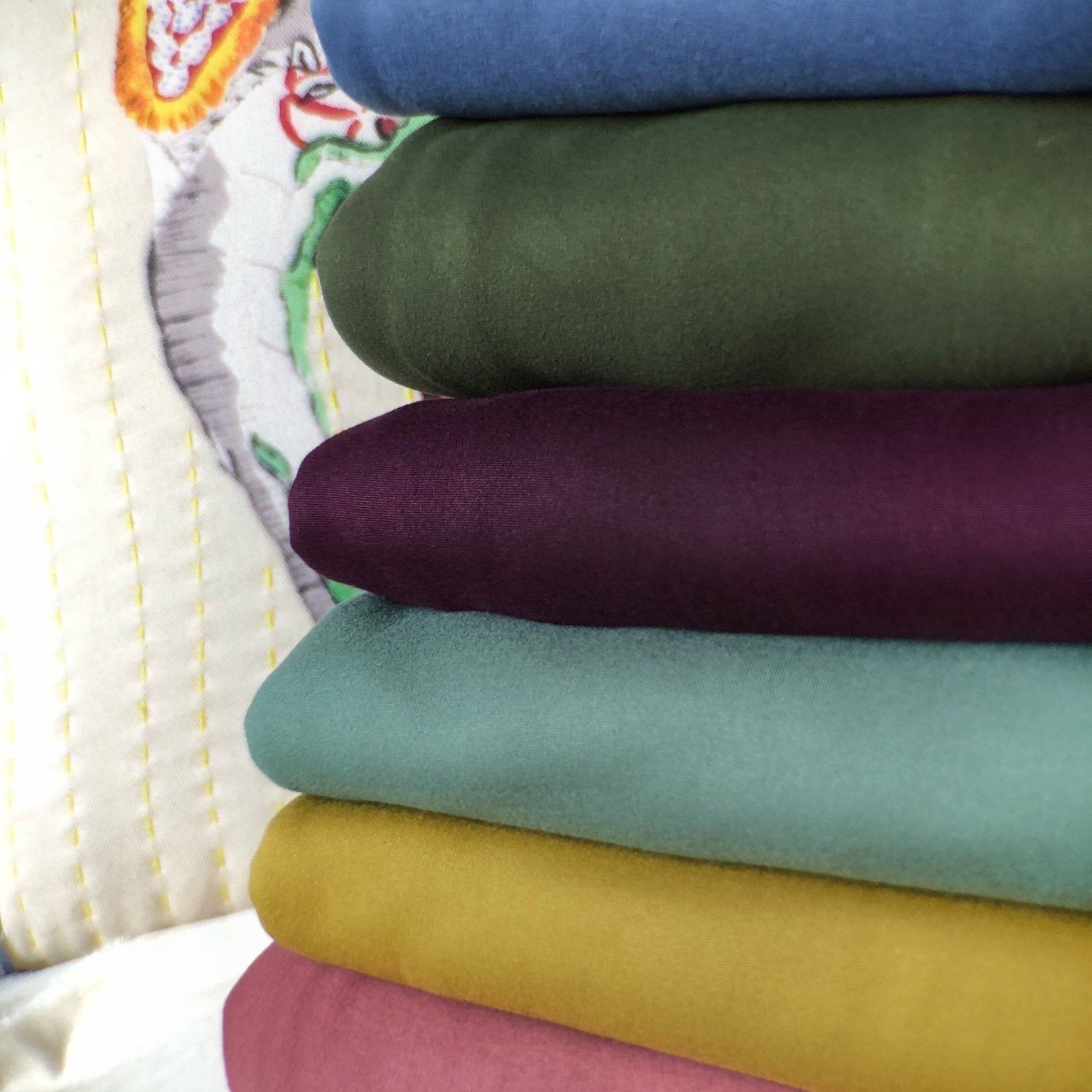 Jewel Tones, Lust Double Brushed Knit Solids; Dusty Blue, Olive Green, Plum Purple, Dusty Sage Green, Mustard Gold, Dusty Coral - Boho Fabrics