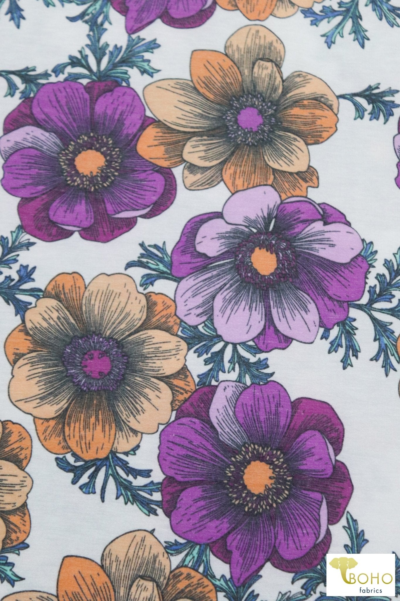 Joanie Retro Florals on Purple, French Terry Knit Print FTP-324-PURP - Boho Fabrics