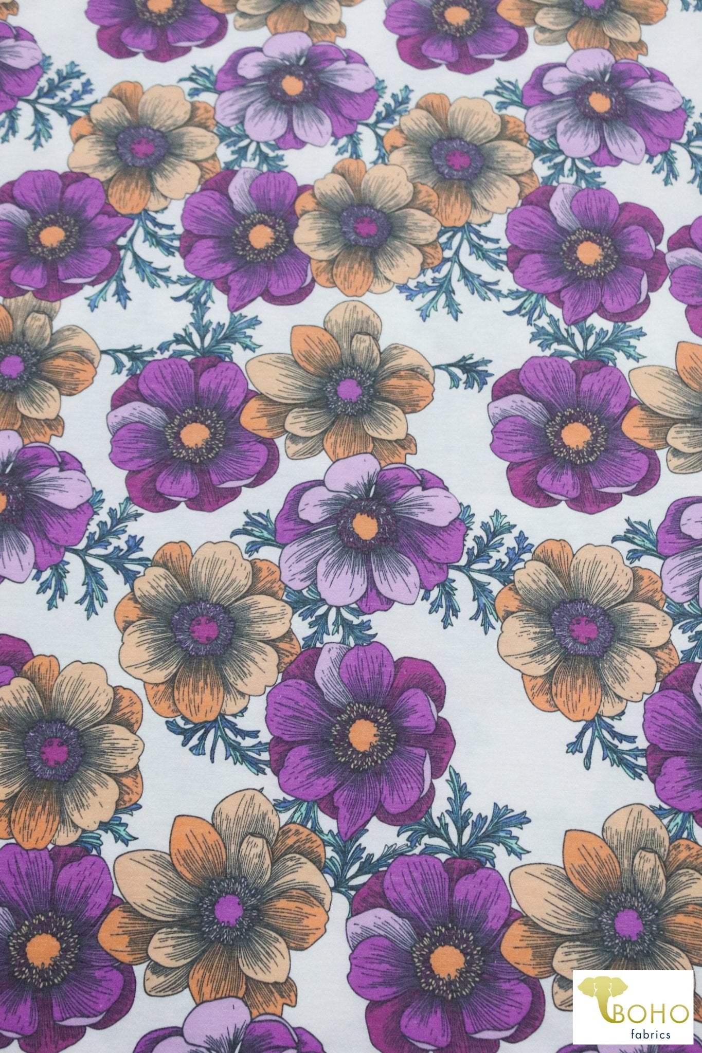 Joanie Retro Florals on Purple, French Terry Knit Print FTP-324-PURP - Boho Fabrics