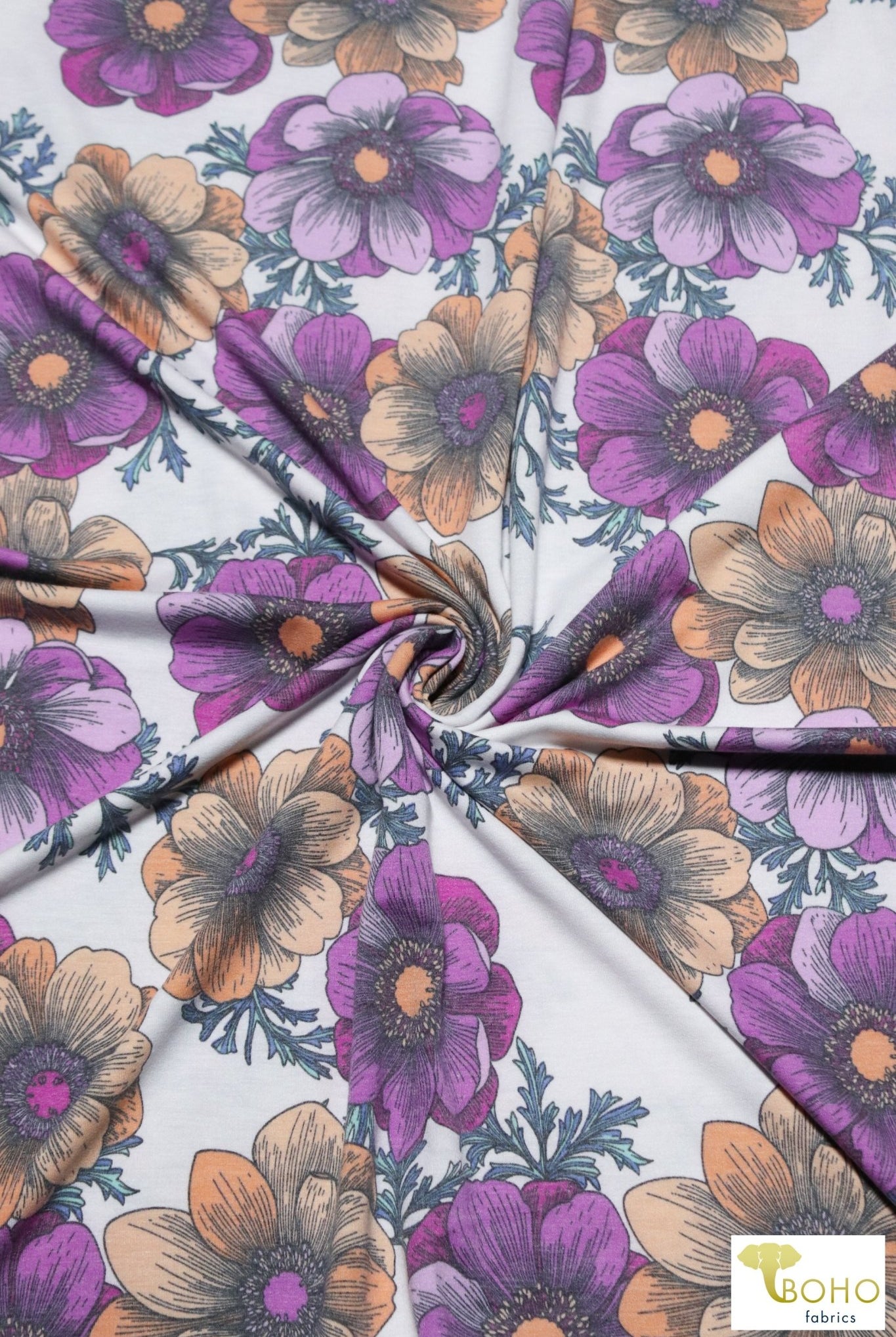 Joanie Retro Florals on Purple, French Terry Knit Print FTP-324-PURP - Boho Fabrics