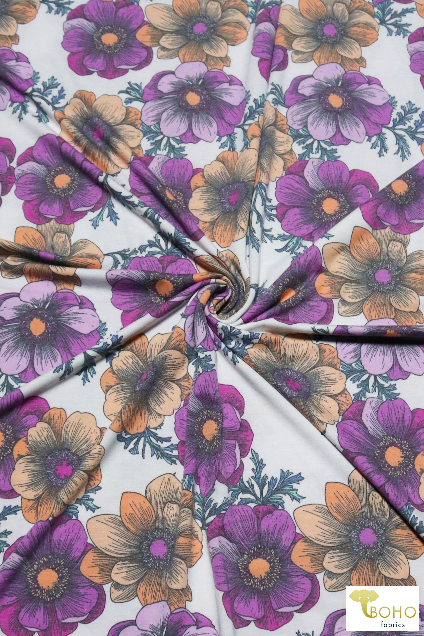 Joanie Retro Florals on Purple, French Terry Knit Print FTP-324-PURP - Boho Fabrics