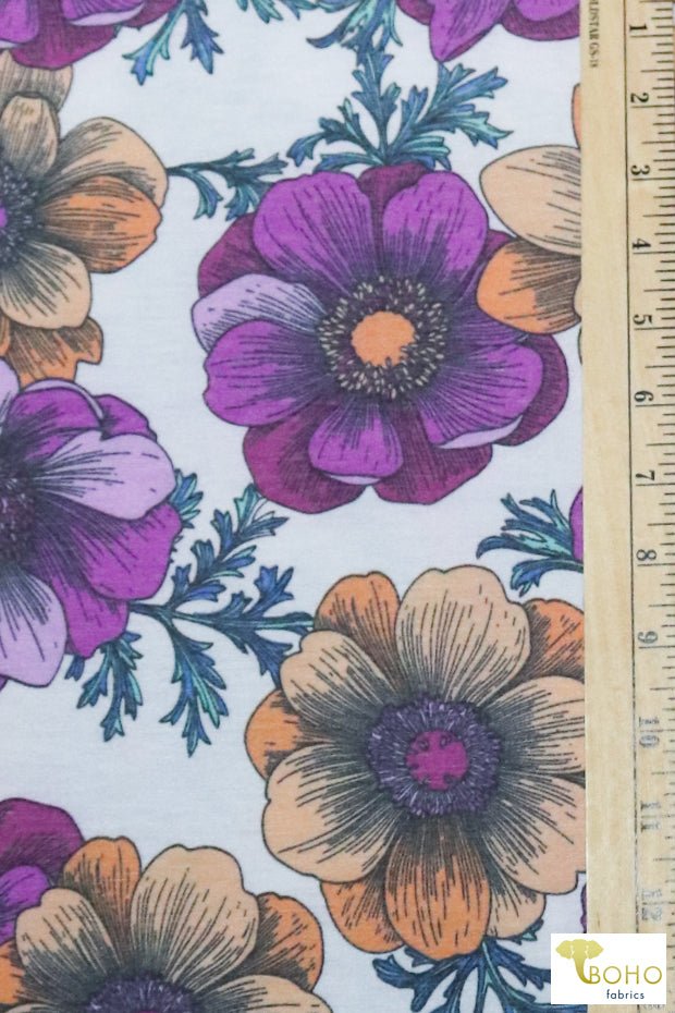 Joanie Retro Florals on Purple, French Terry Knit Print FTP-324-PURP - Boho Fabrics