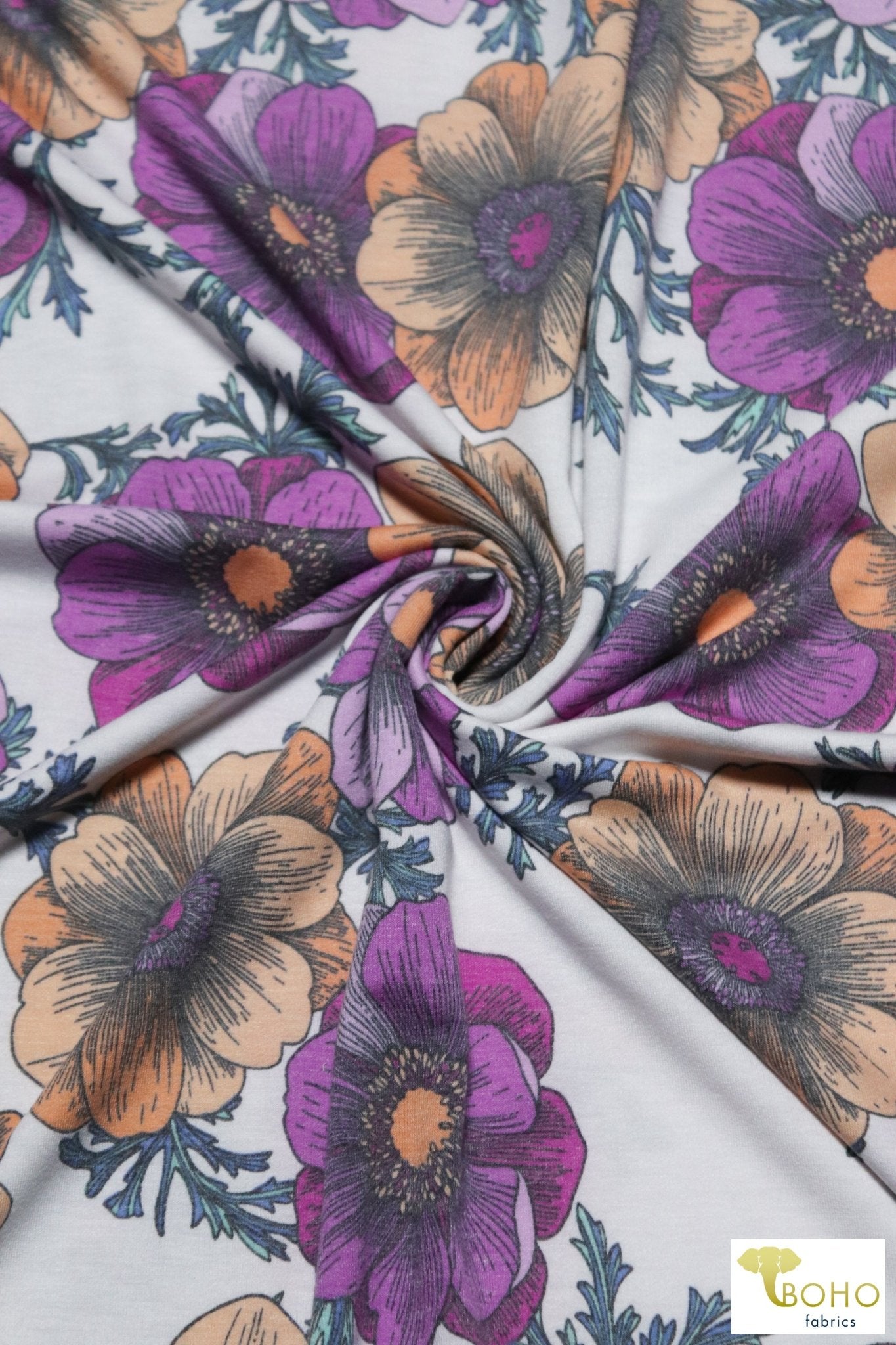 Joanie Retro Florals on Purple, French Terry Knit Print FTP-324-PURP - Boho Fabrics