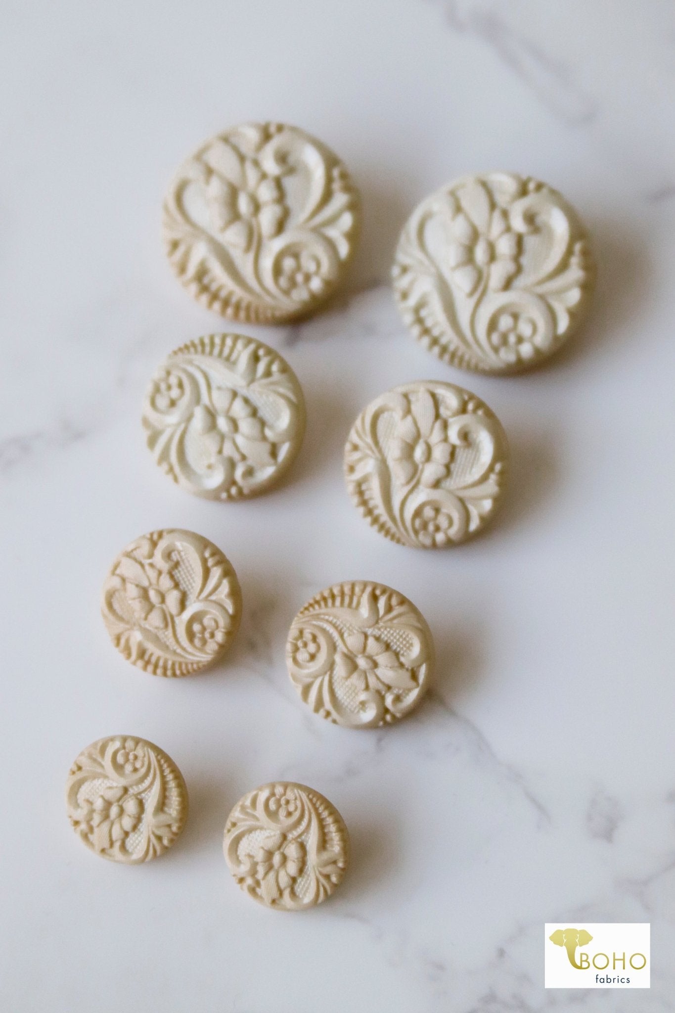 Khaki, Art Nouveau Florals, Shank Buttons. Available in 15mm, 18mm, 20mm, 25.5mm - Boho Fabrics