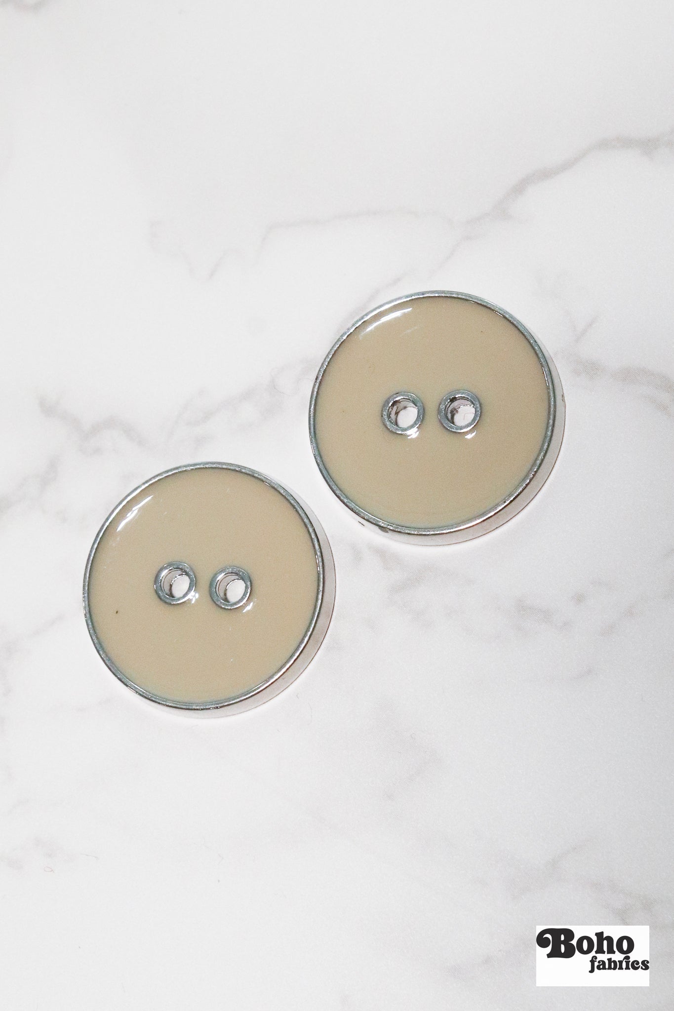 Khaki Silver Rimmed Two - hole Buttons. Available in 12.5mm (20L), 15mm (24L), 23mm (36L), and 28mm (44L) - Boho Fabrics - Buttons & Snaps