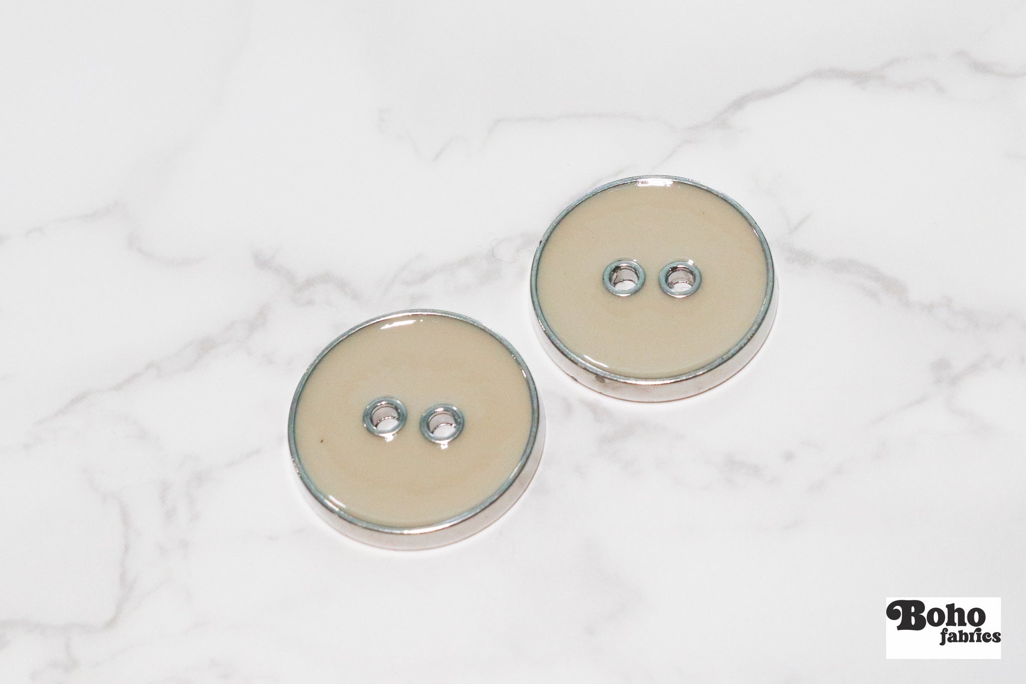 Khaki Silver Rimmed Two - hole Buttons. Available in 12.5mm (20L), 15mm (24L), 23mm (36L), and 28mm (44L) - Boho Fabrics - Buttons & Snaps