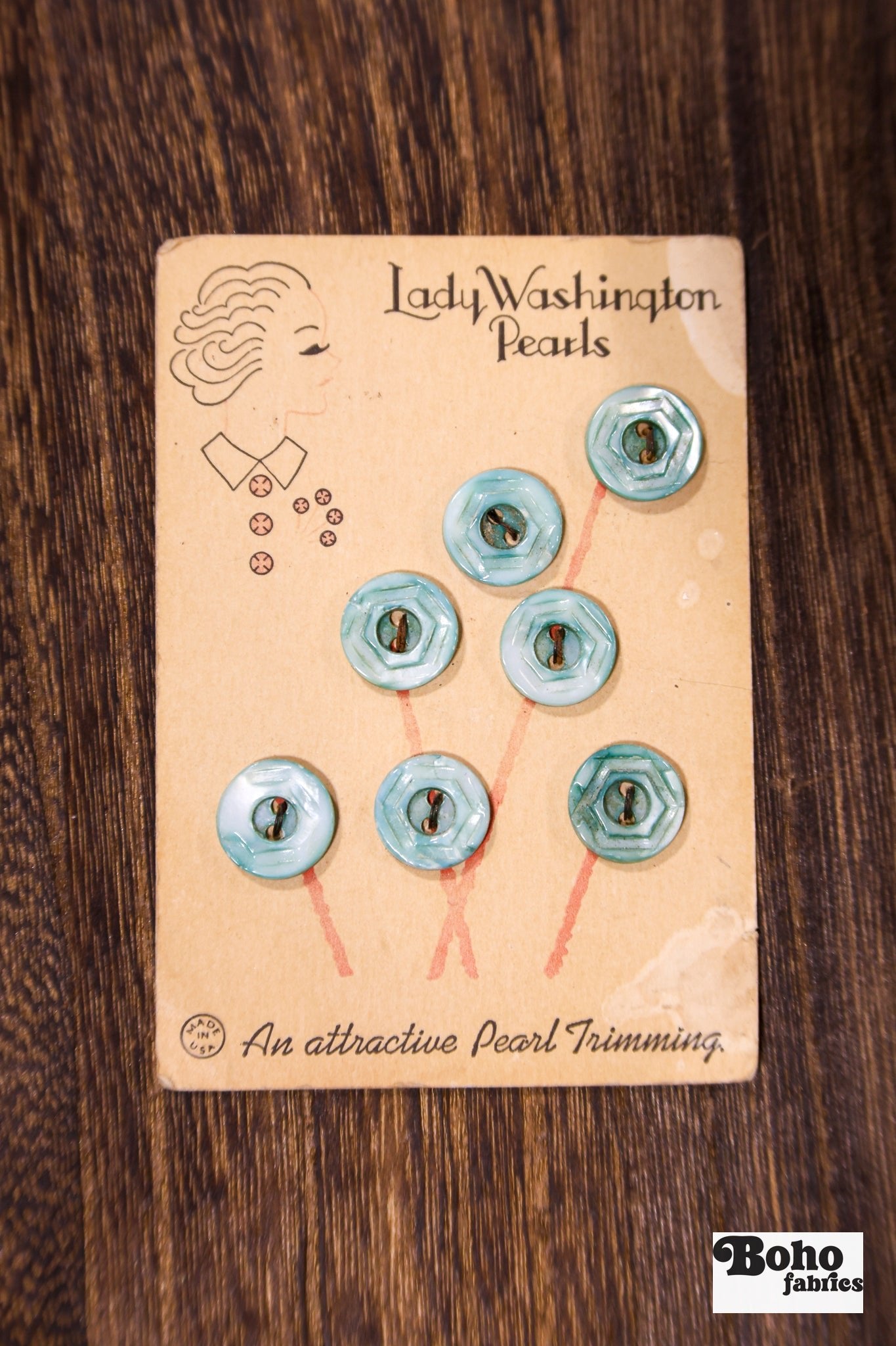 Lady Washington Vintage Mother of Pearl Button Card — 12.5mm Aqua Blue Buttons, Flower Bouquet Card, 1920's-1930's - Boho Fabrics - Buttons & Snaps