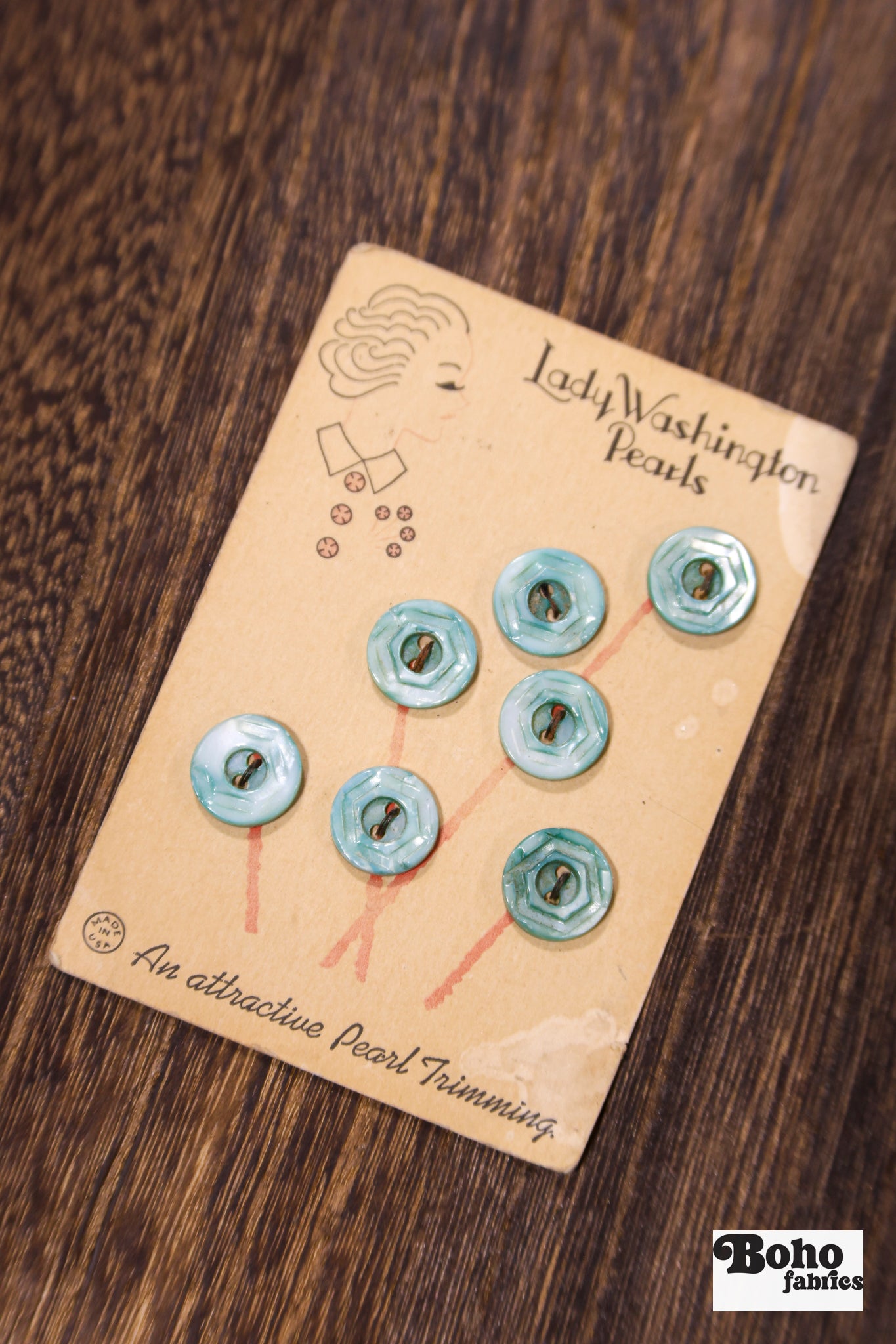 Lady Washington Vintage Mother of Pearl Button Card — 12.5mm Aqua Blue Buttons, Flower Bouquet Card, 1920's-1930's - Boho Fabrics - Buttons & Snaps