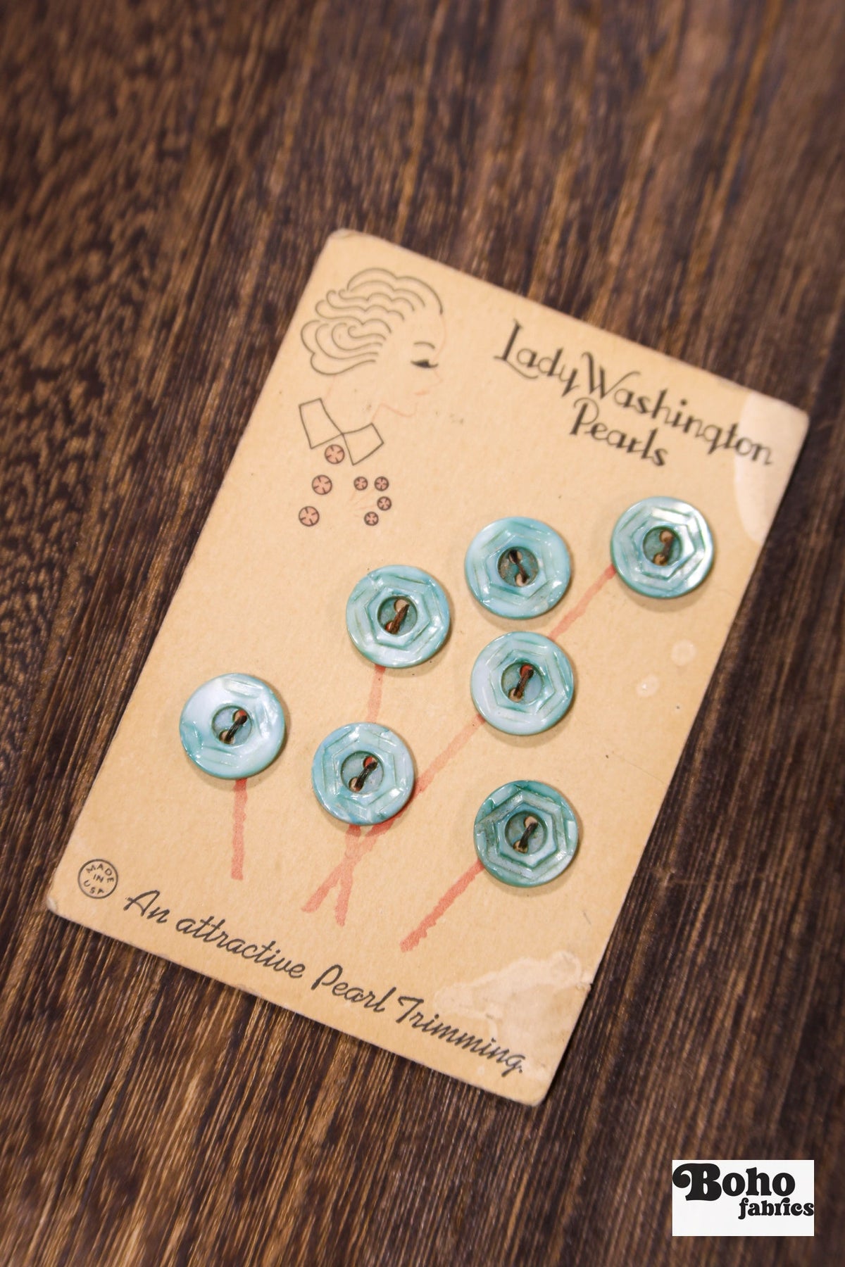 Lady Washington Vintage Mother of Pearl Button Card — 12.5mm Aqua Blue Buttons, Flower Bouquet Card, 1920's-1930's - Boho Fabrics - Buttons & Snaps