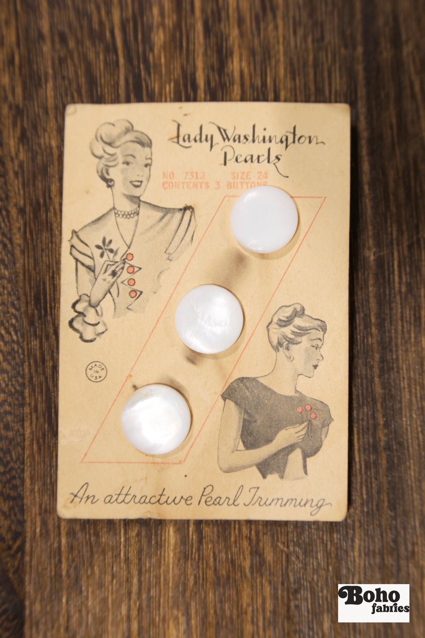 Lady Washington Vintage Mother of Pearl Button Card — 15mm White Shank Buttons, Illustrated Card, 1920's-1930's - Boho Fabrics - Buttons & Snaps