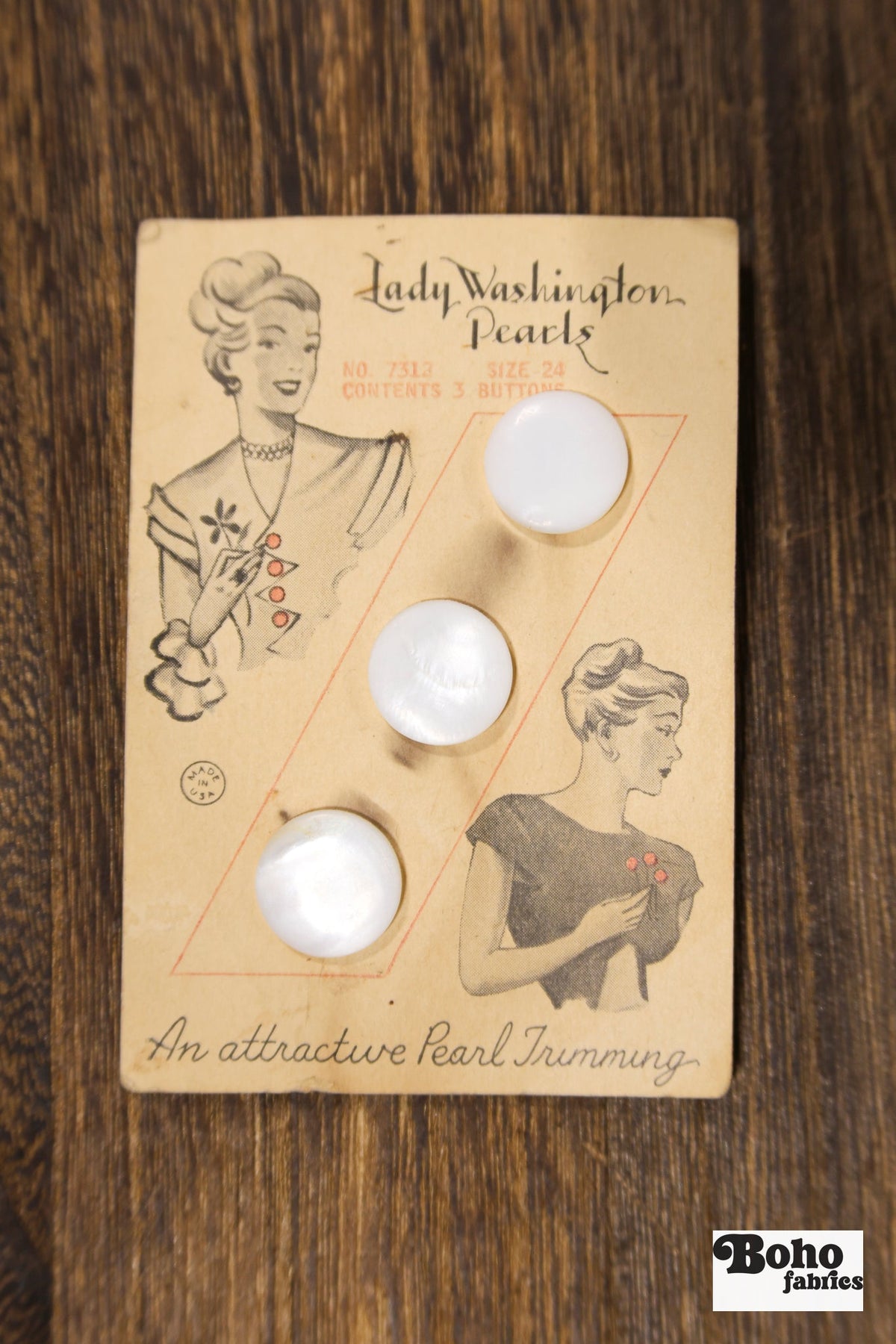 Lady Washington Vintage Mother of Pearl Button Card — 15mm White Shank Buttons, Illustrated Card, 1920's-1930's - Boho Fabrics - Buttons & Snaps