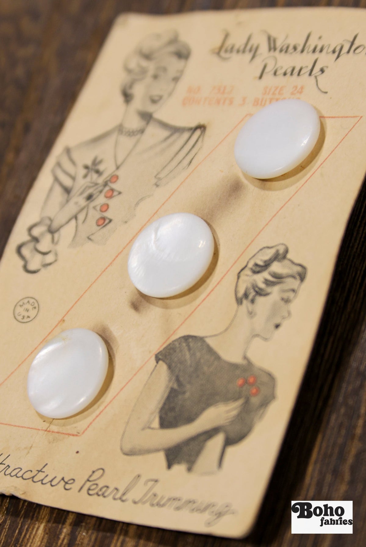 Lady Washington Vintage Mother of Pearl Button Card — 15mm White Shank Buttons, Illustrated Card, 1920's-1930's - Boho Fabrics - Buttons & Snaps