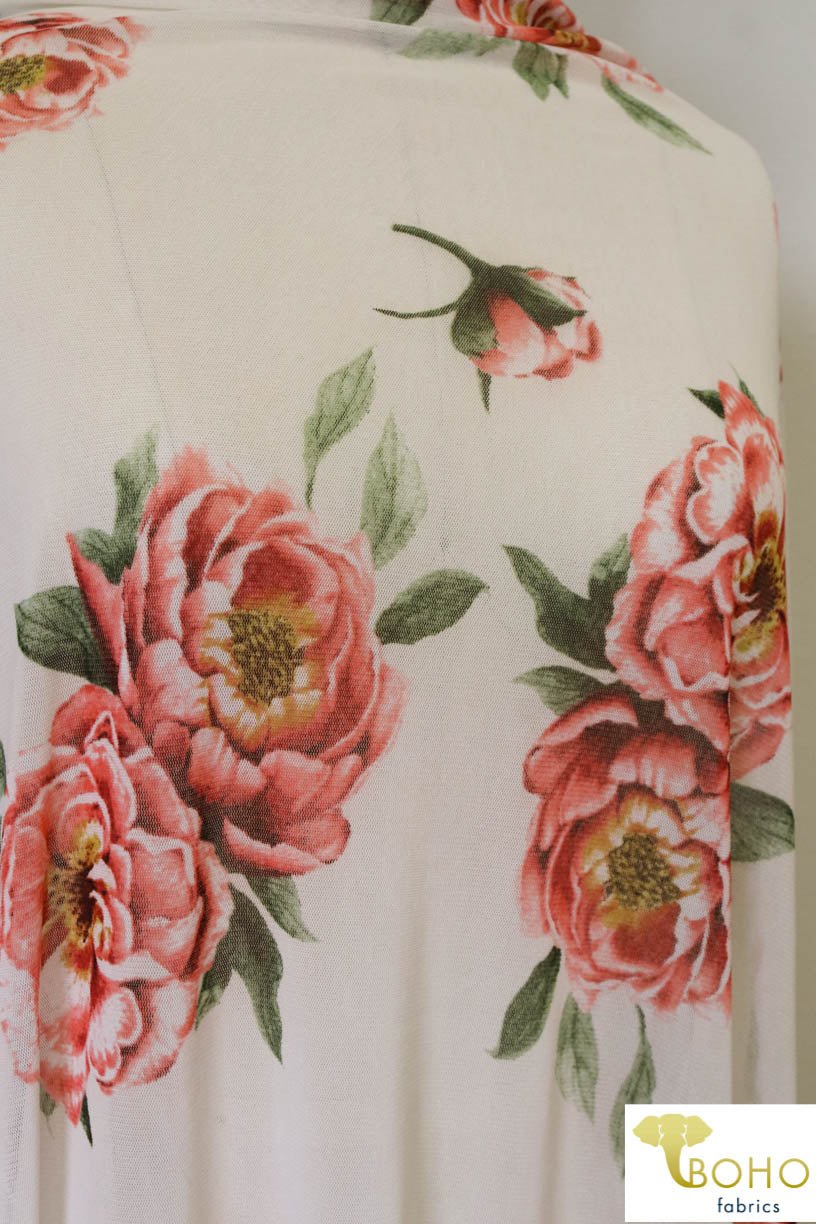 Large Scale Pink Florals on White. Stretch Mesh. SM-109. - Boho Fabrics