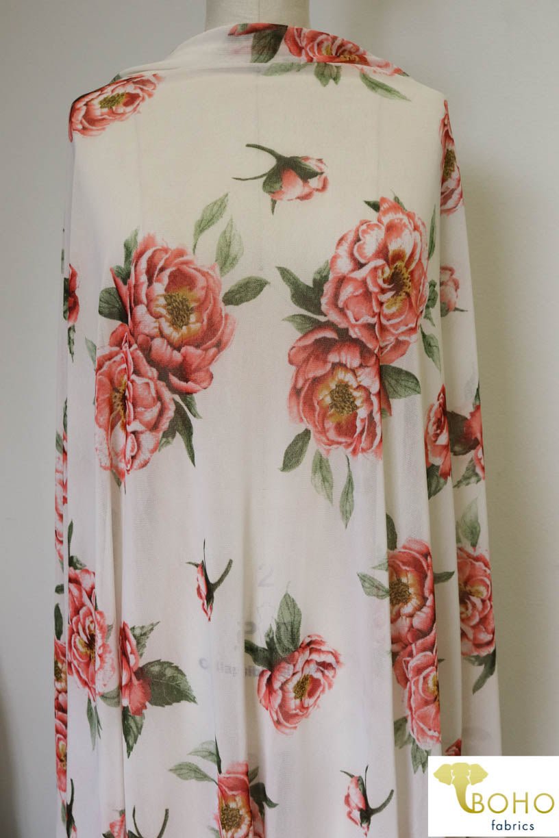 Large Scale Pink Florals on White. Stretch Mesh. SM-109. - Boho Fabrics