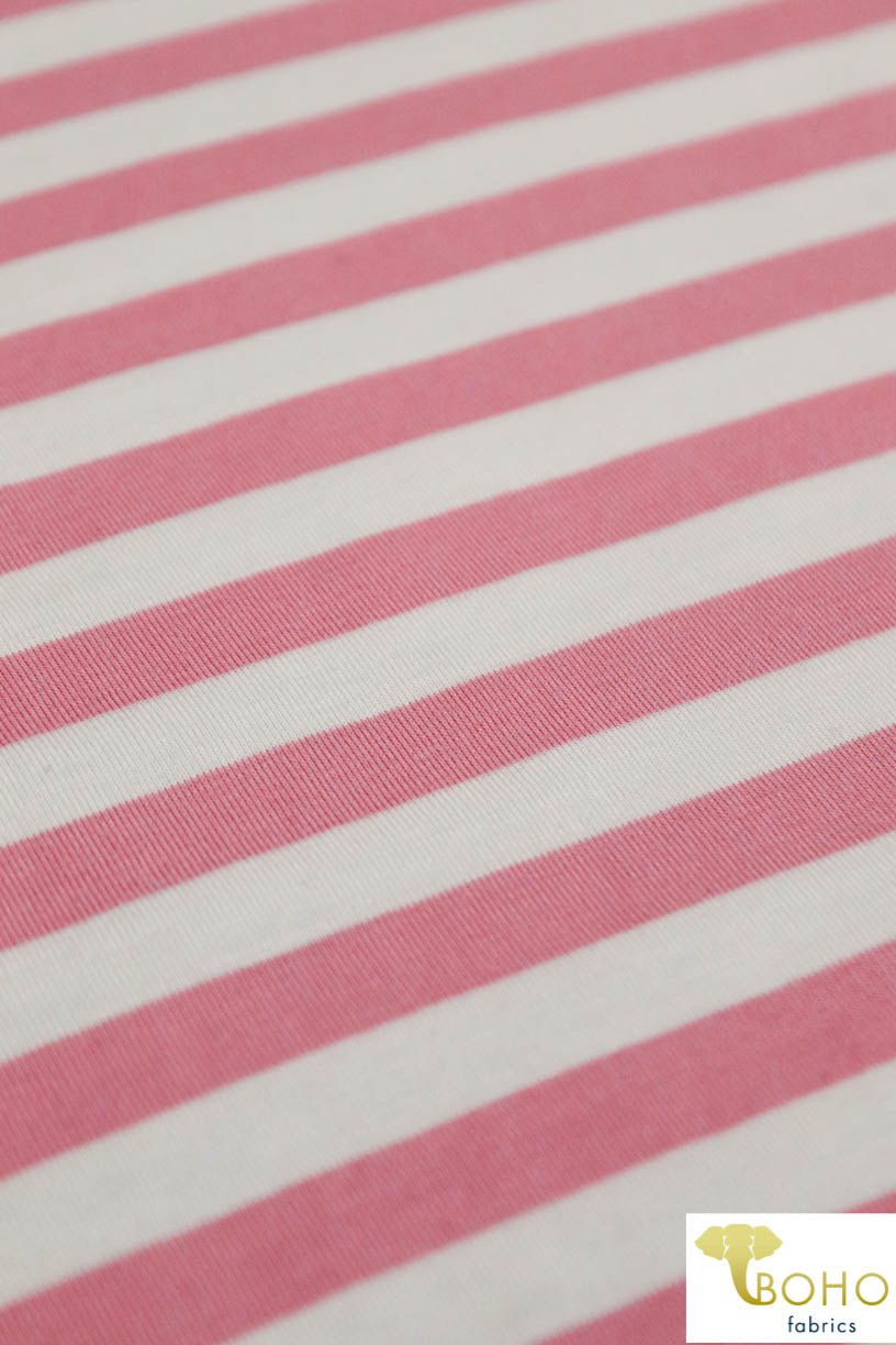 Last Cuts! 1/2" Horizontal Stripes Pink Stripes on Ivory. Rayon Spandex Knit. R-144 - Boho Fabrics
