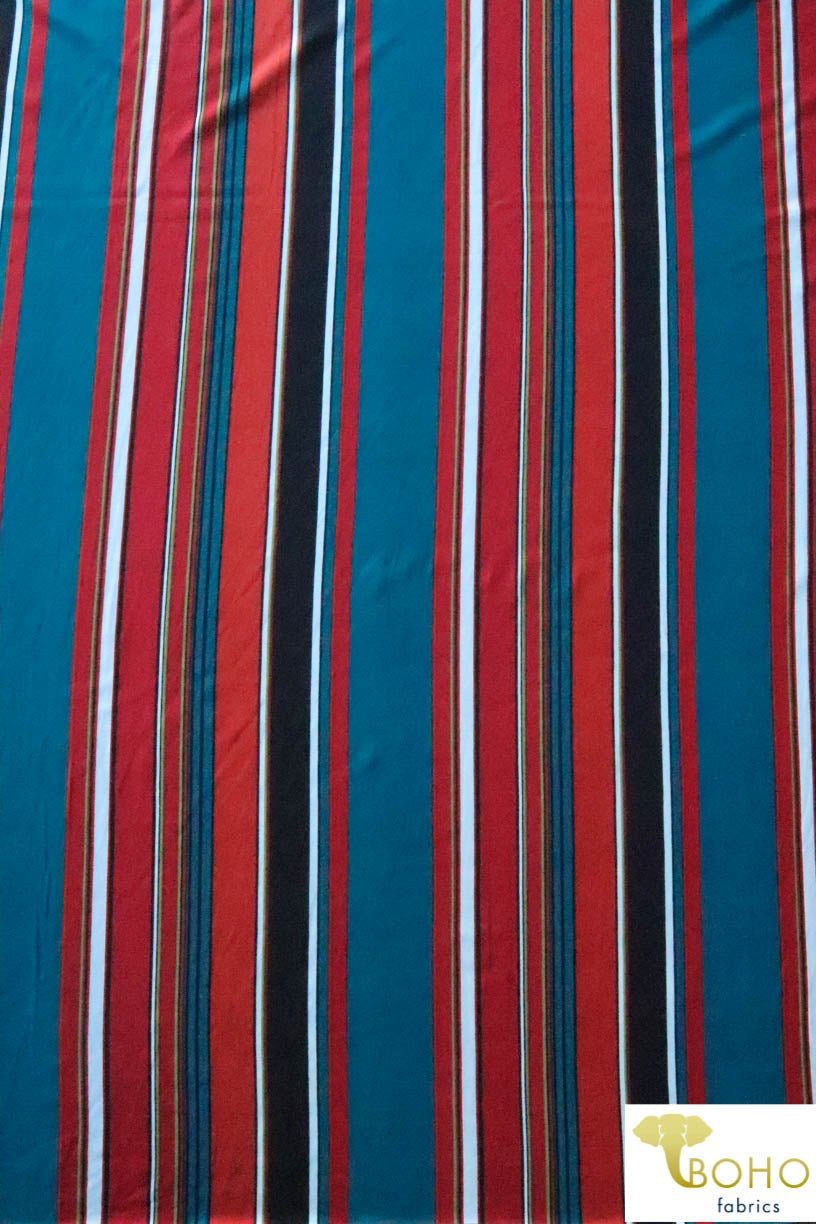 Last Cuts! 70's Mod Vertical Stripes in Red, Teal and Black Double Brushed Poly Knit Fabric DBP-046 - Boho Fabrics