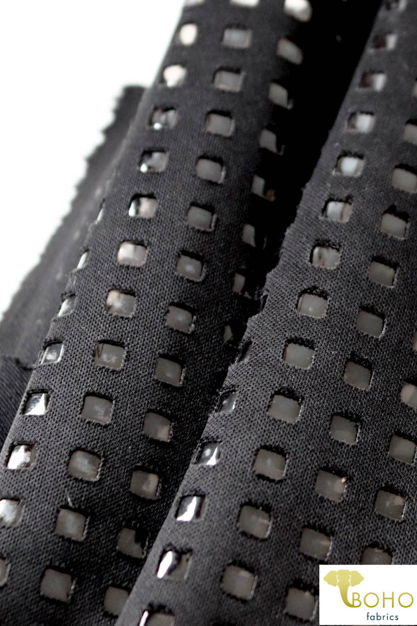 LAST CUTS! Black Laser Cut Techno Backed with Clear Vinyl. Special Occassion/Novelty Fabric - Boho Fabrics