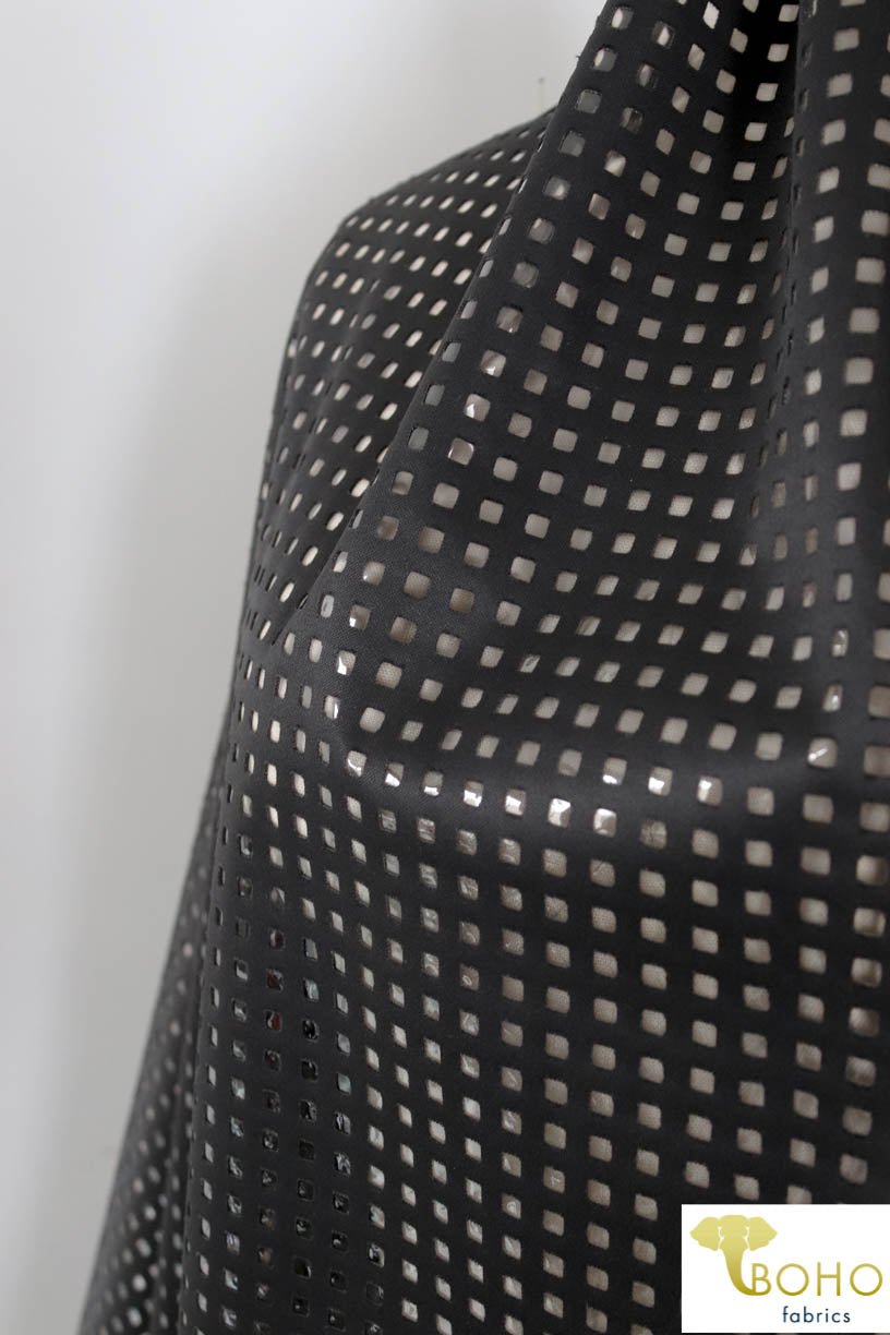 LAST CUTS! Black Laser Cut Techno Backed with Clear Vinyl. Special Occassion/Novelty Fabric - Boho Fabrics