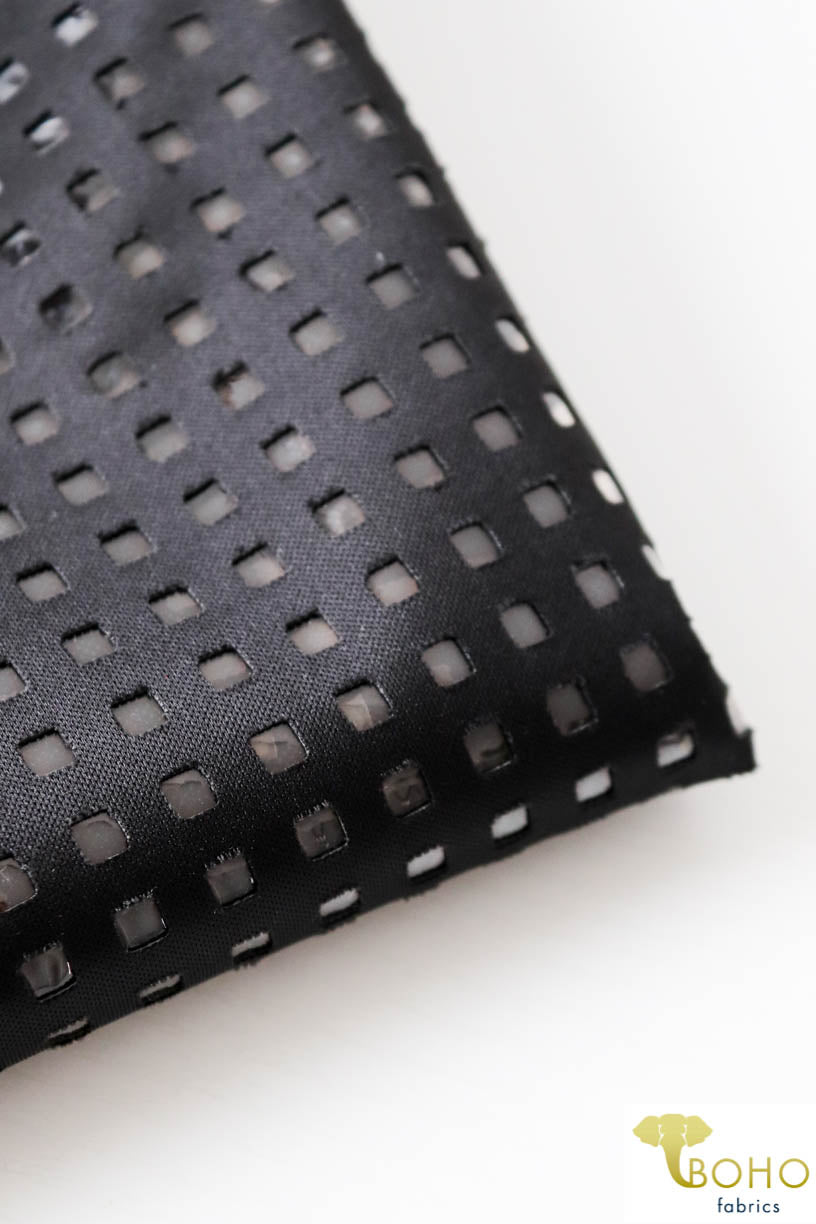 LAST CUTS! Black Laser Cut Techno Backed with Clear Vinyl. Special Occassion/Novelty Fabric - Boho Fabrics