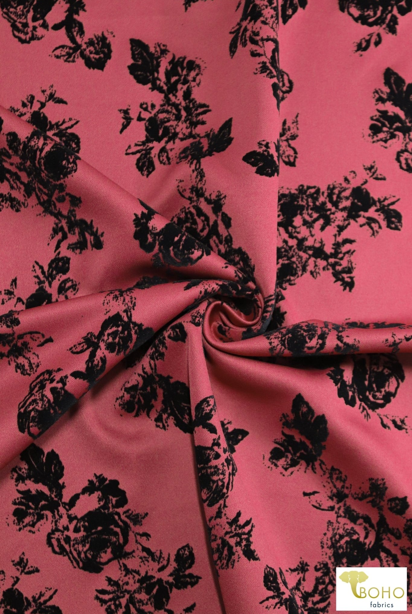 Last Cuts! "Daphne" Florals on Currant Red. Velvet Flocked Scuba Knit. SCU-111-RED - Boho Fabrics