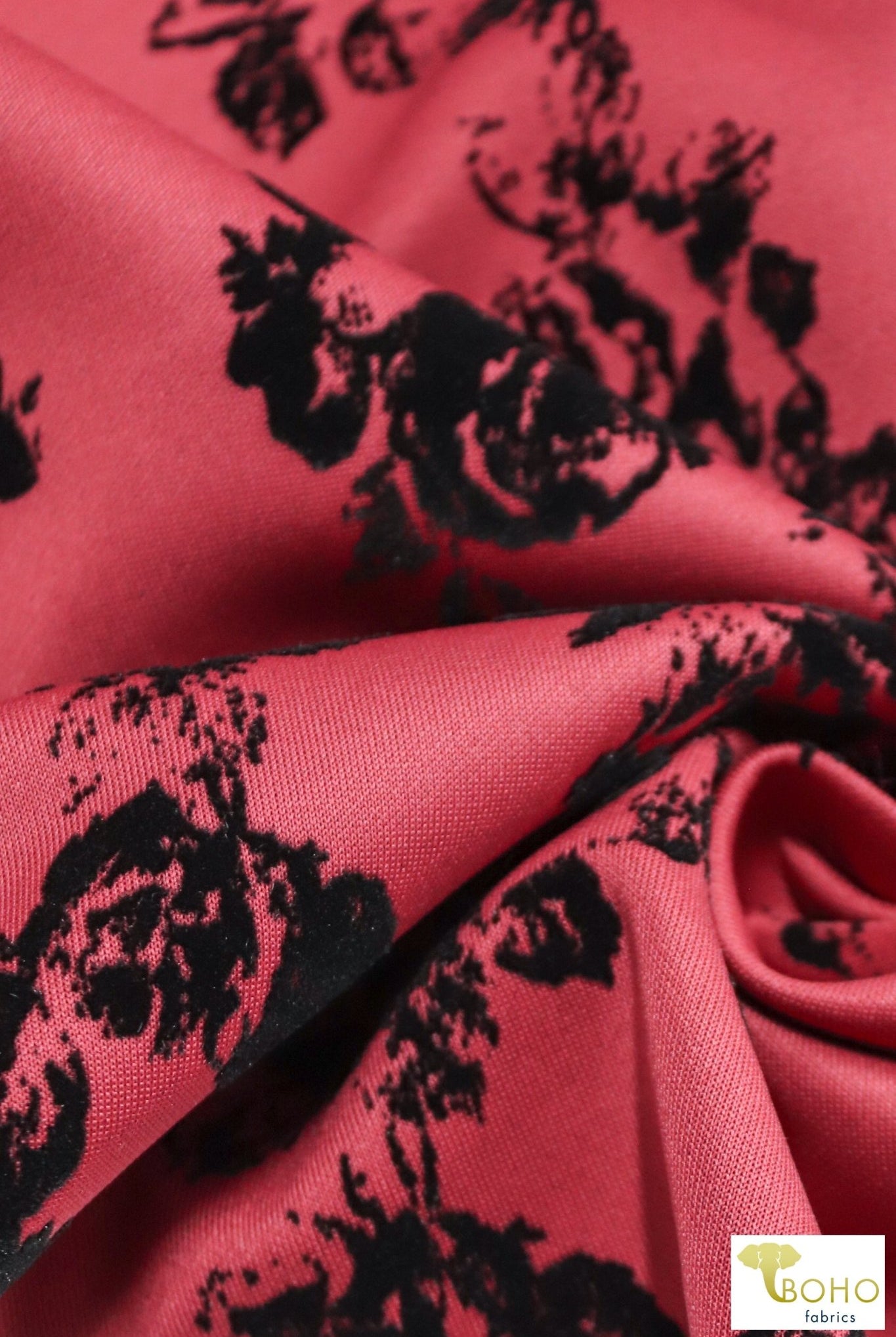Last Cuts! "Daphne" Florals on Currant Red. Velvet Flocked Scuba Knit. SCU-111-RED - Boho Fabrics
