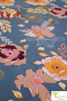 Last Cuts! DBP: Cheerful Poppies on Blue Chambray. Double Brushed Poly Knit Fabric. BP-113-BLU - Boho Fabrics