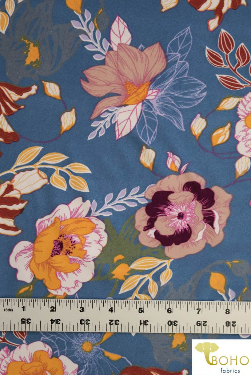 Last Cuts! DBP: Cheerful Poppies on Blue Chambray. Double Brushed Poly Knit Fabric. BP-113-BLU - Boho Fabrics