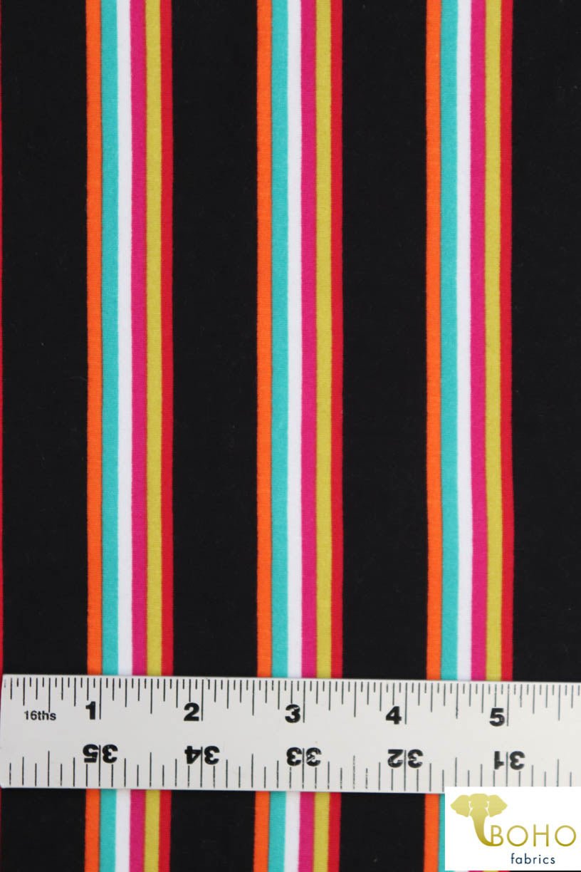 Last Cuts! DBP: Playful Rainbow Stripes on Black. Double Brushed Poly Knit Fabric. BP-110-BLK - Boho Fabrics